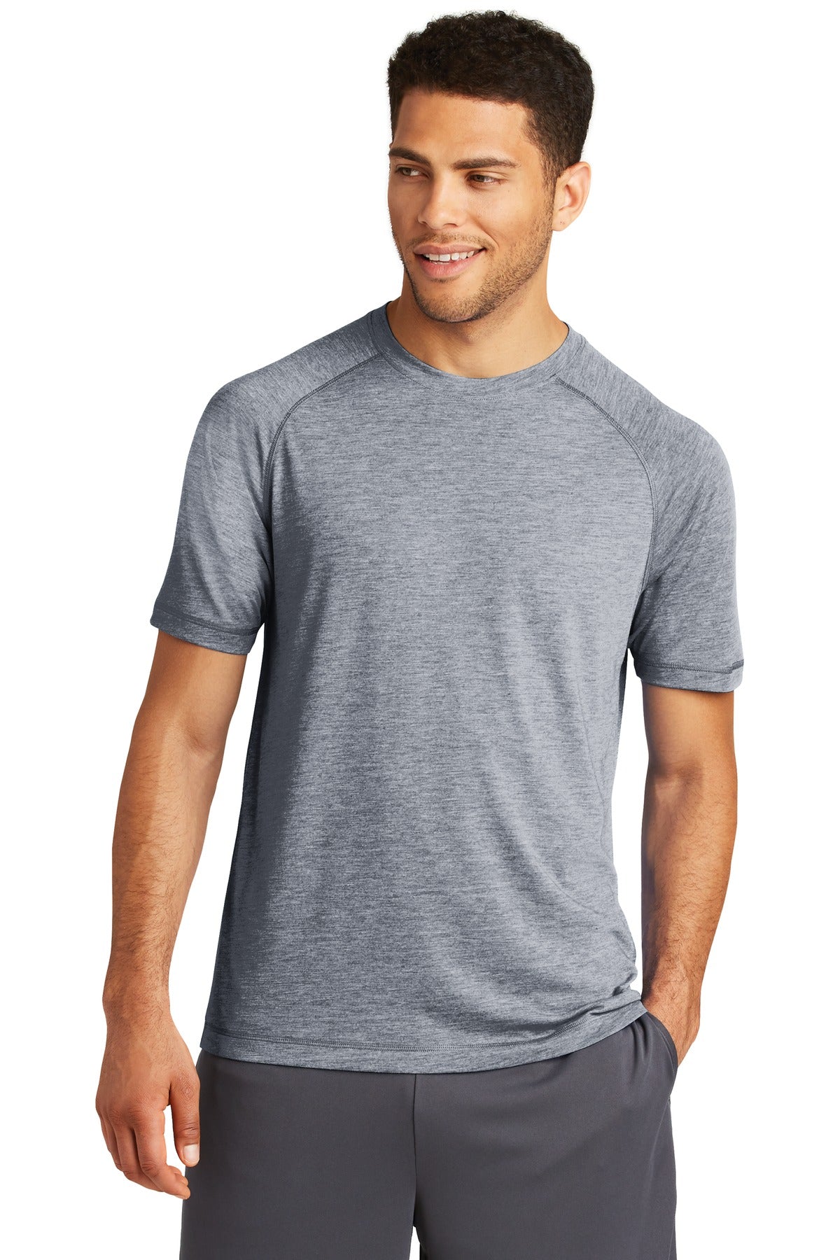 Front View of True Navy Hthr Sport-Tek PosiCharge Tri-Blend Wicking Raglan Tee. ST400