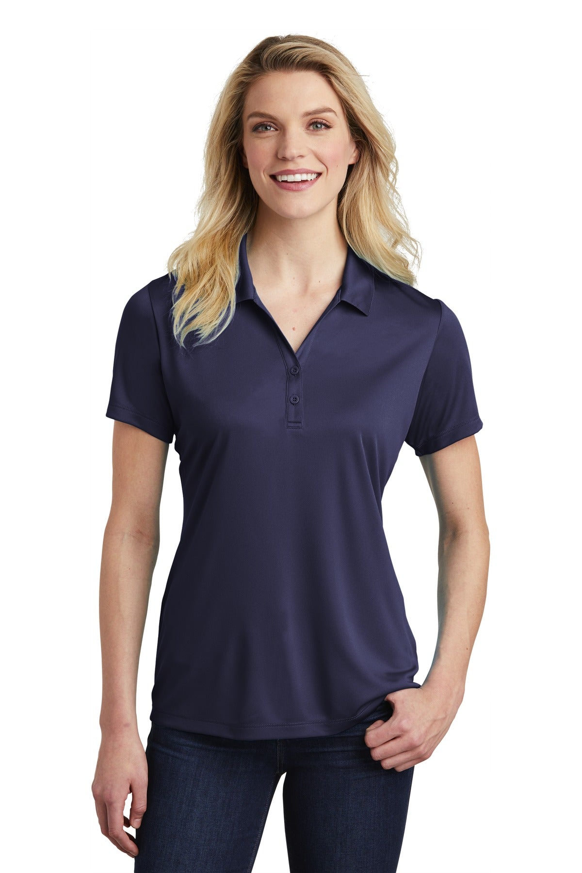 Front View of True Navy Sport-Tek Women's PosiCharge Competitor Polo. LST550