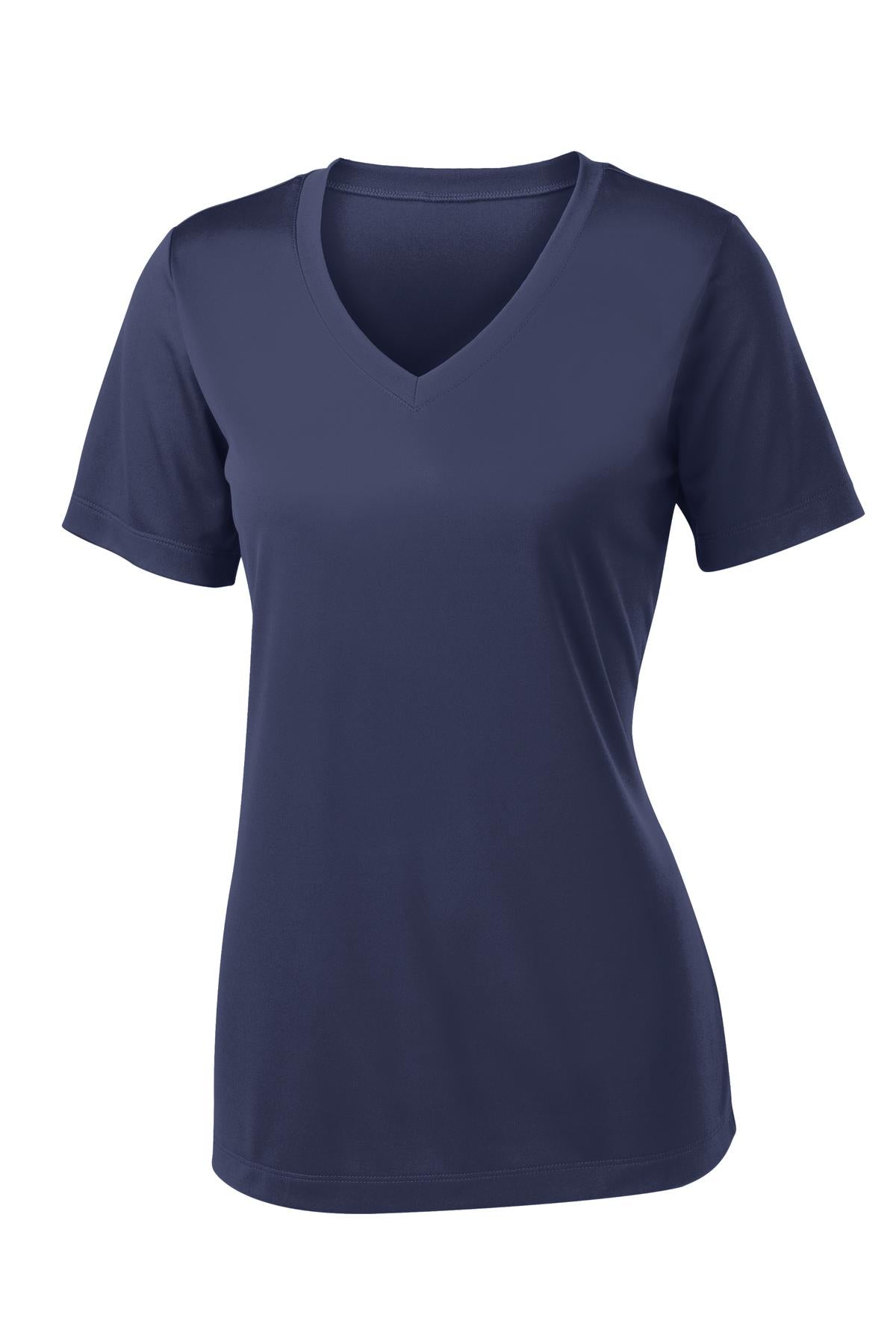 Front View of True Navy Sport-Tek Women's PosiCharge Competitor V-Neck Tee. LST353