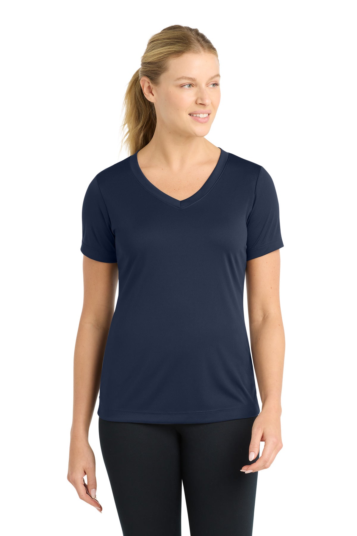 Front View of True Navy Sport-Tek Women's PosiCharge Competitor V-Neck Tee. LST353