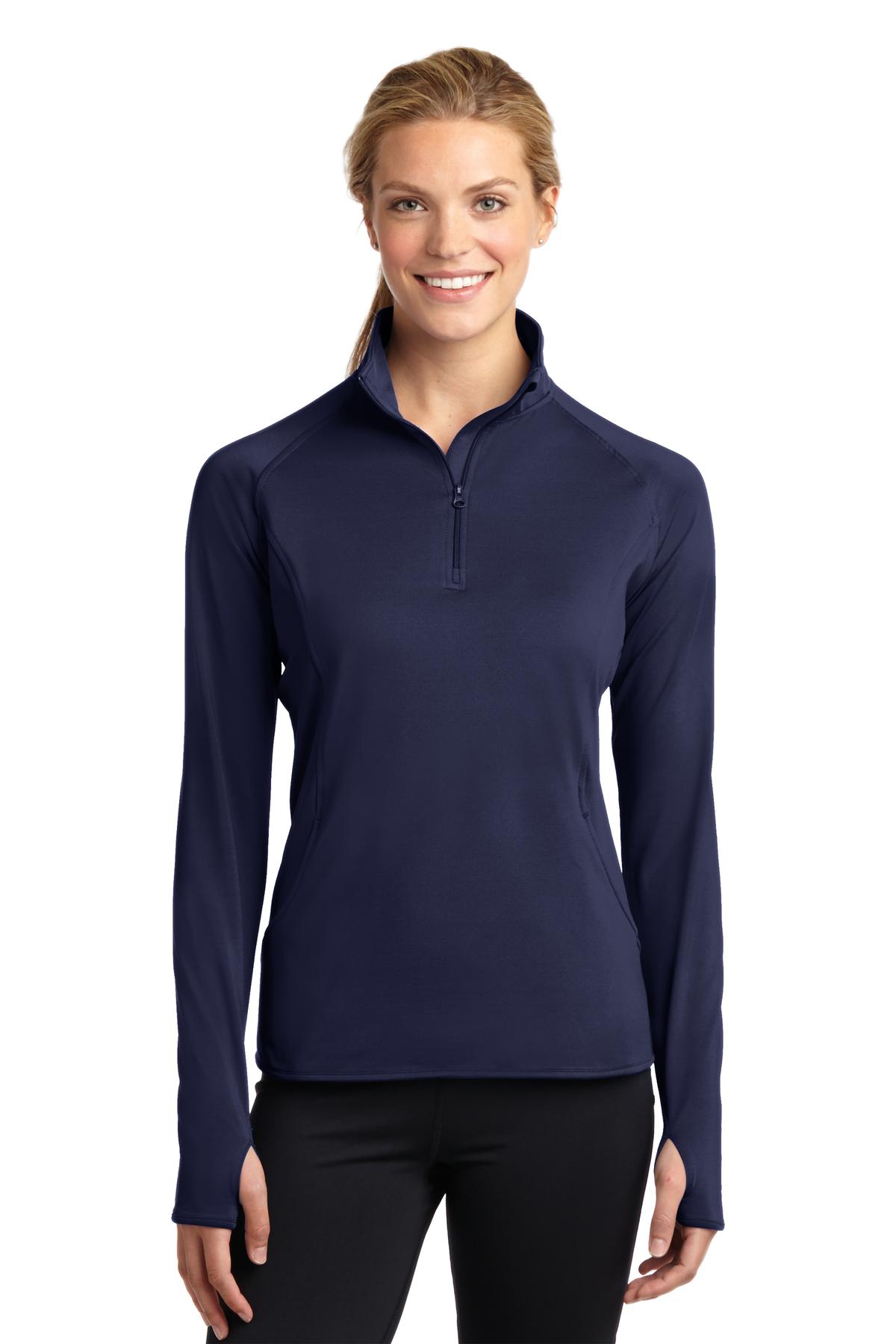 Front View of True Navy Sport-Tek Women's Sport-Wick Stretch 1/4-Zip Pullover. LST850