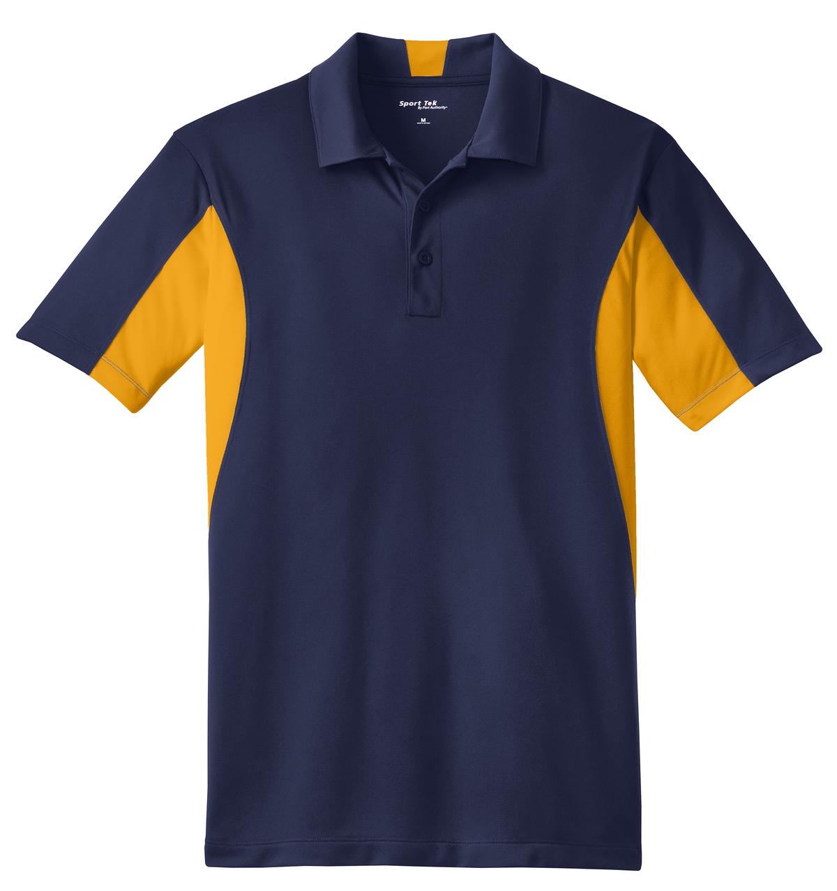 Front View of True Navy/Gold Sport-Tek Side Blocked Micropique Sport-Wick Polo. ST655