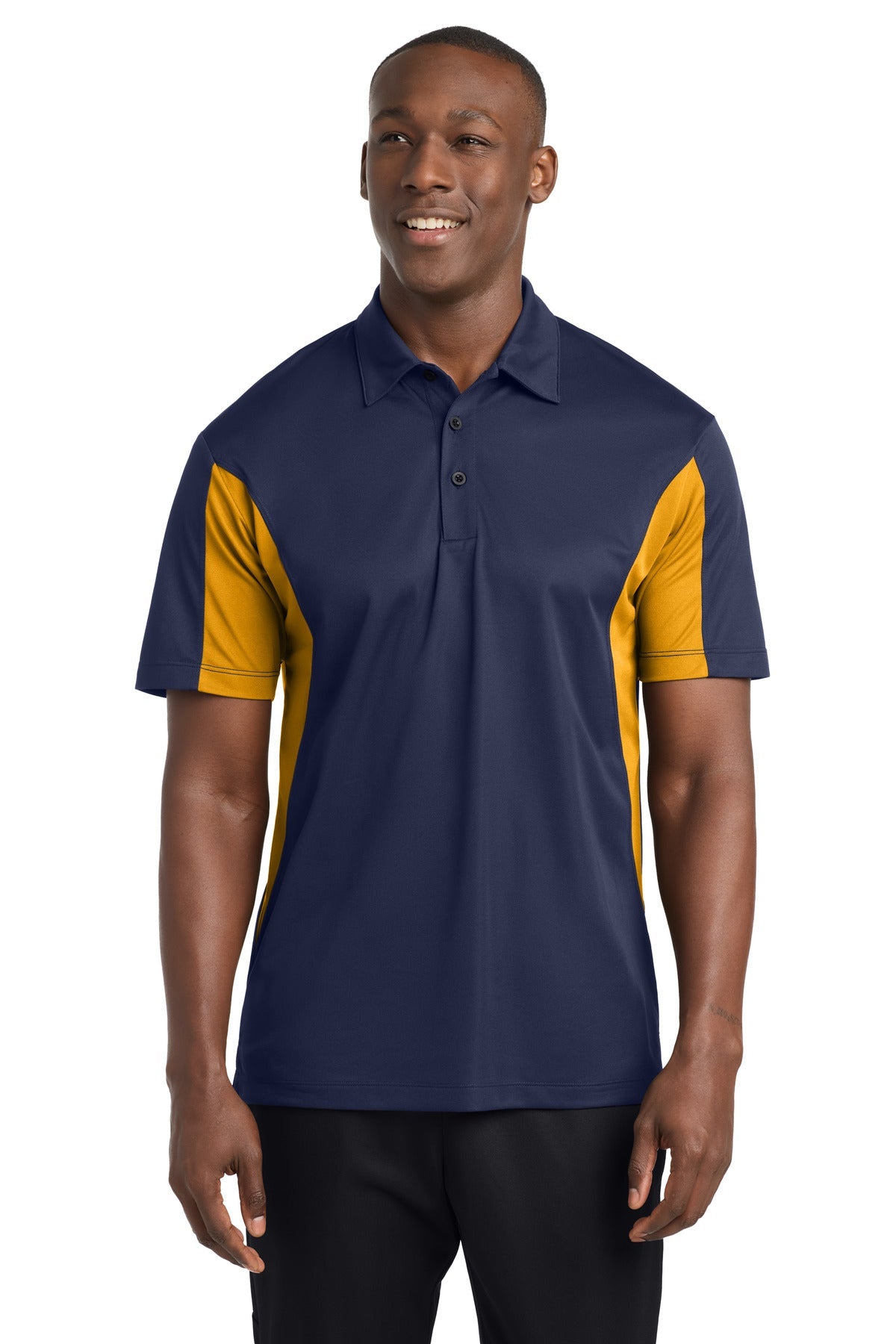 Front View of True Navy/Gold Sport-Tek Side Blocked Micropique Sport-Wick Polo. ST655