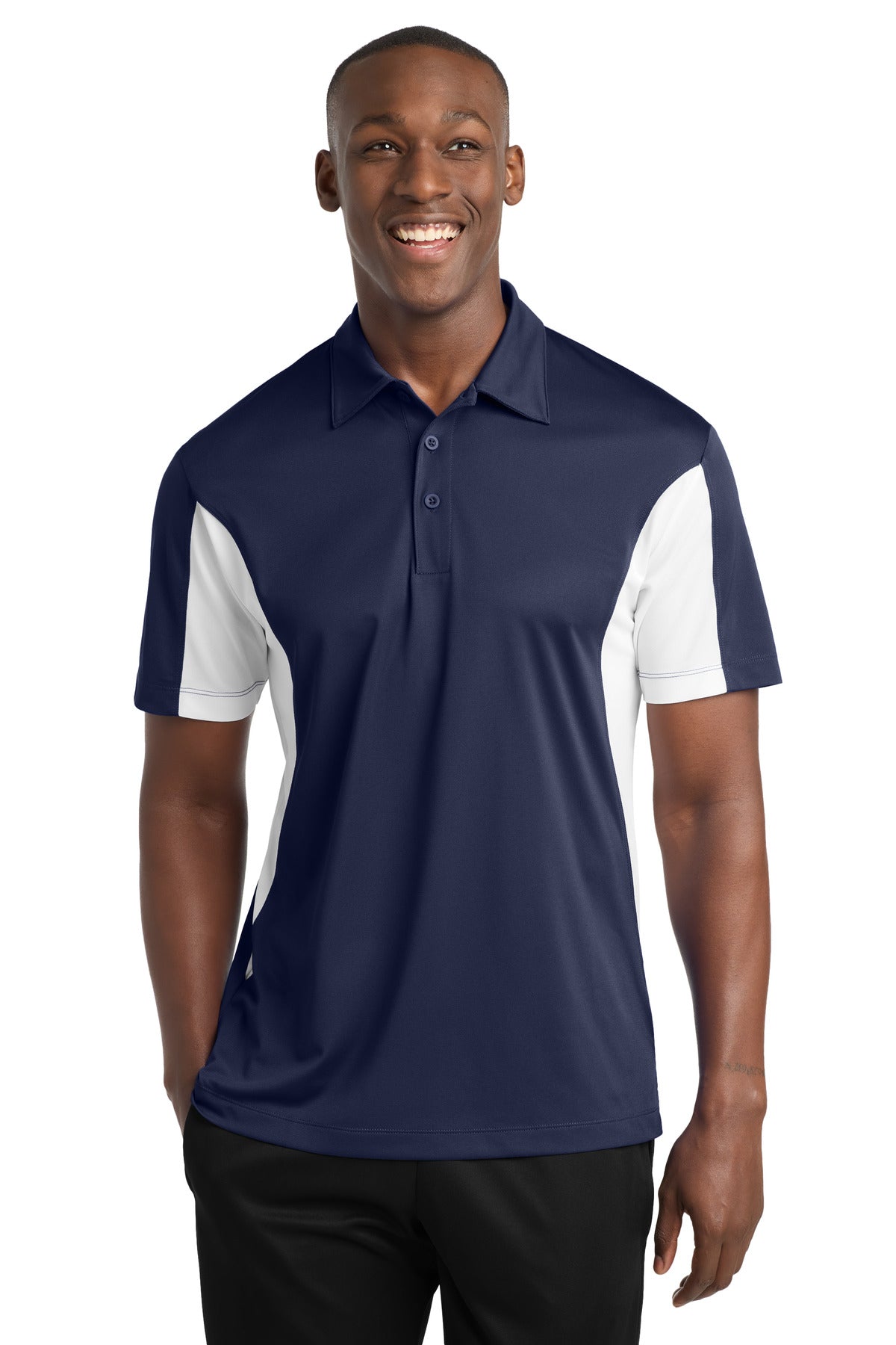 Front View of True Navy/Whit Sport-Tek Side Blocked Micropique Sport-Wick Polo. ST655