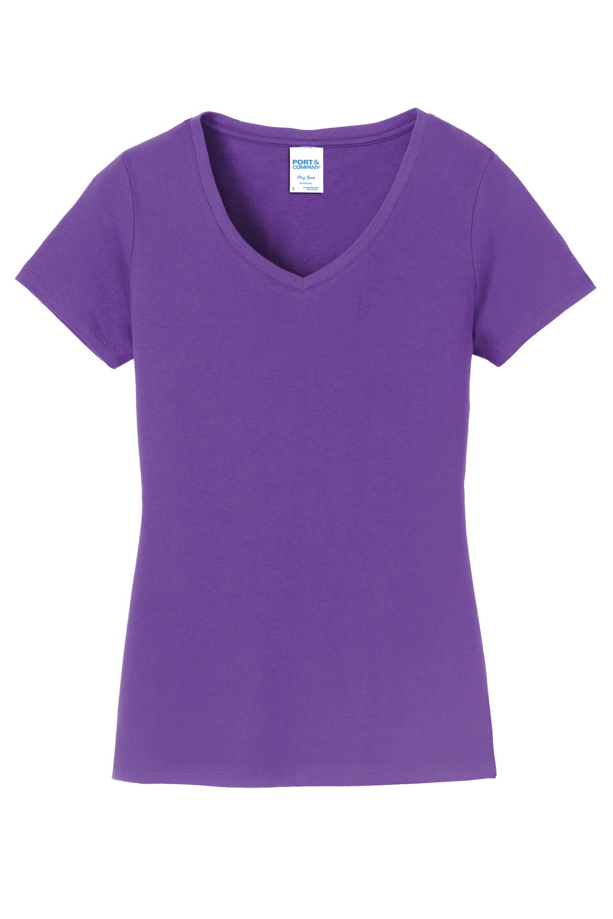 Front View of True Purple Port & Co Women's Fan Favorite V-Neck Tee. LPC450V