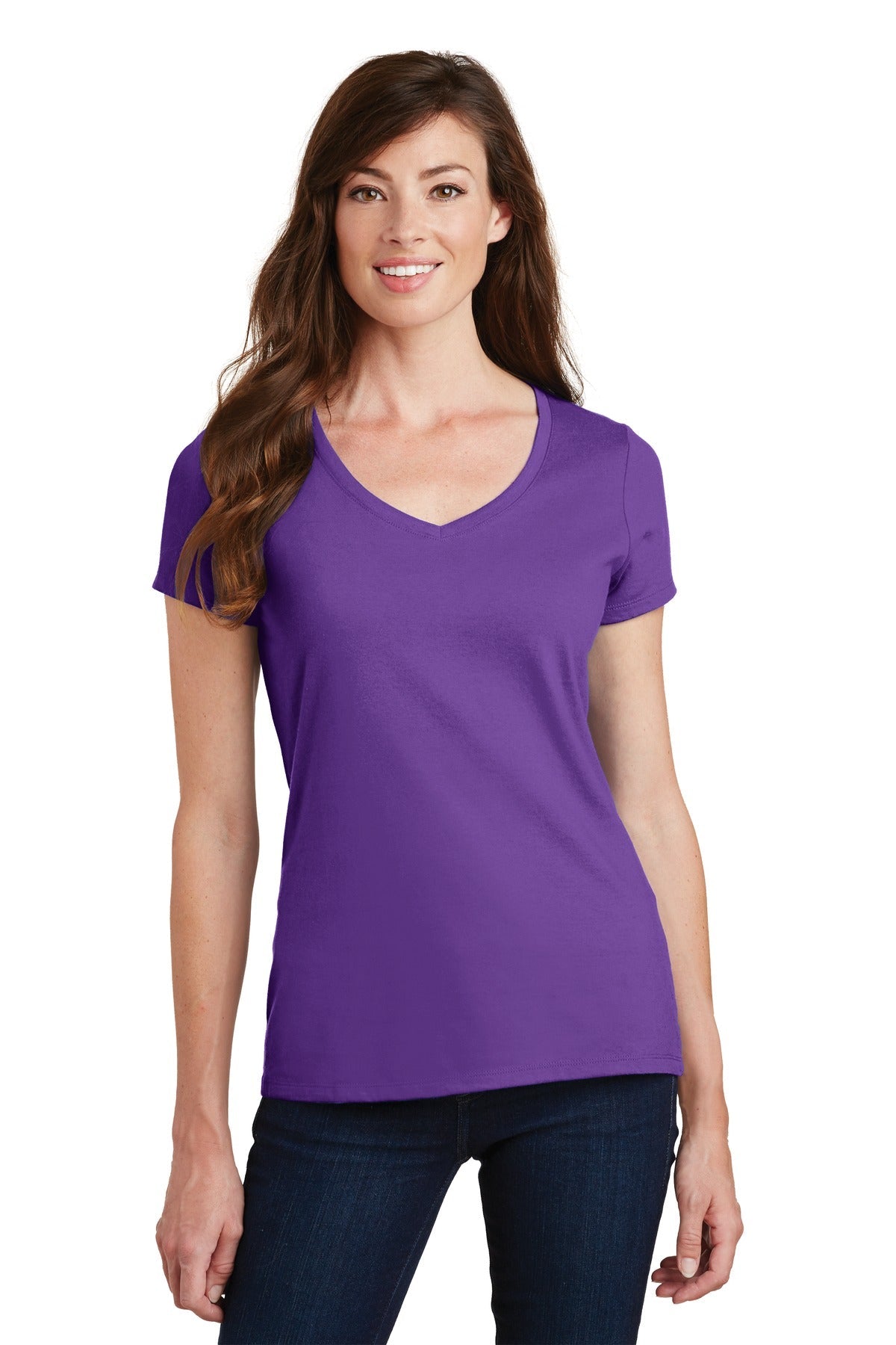Front View of True Purple Port & Co Women's Fan Favorite V-Neck Tee. LPC450V