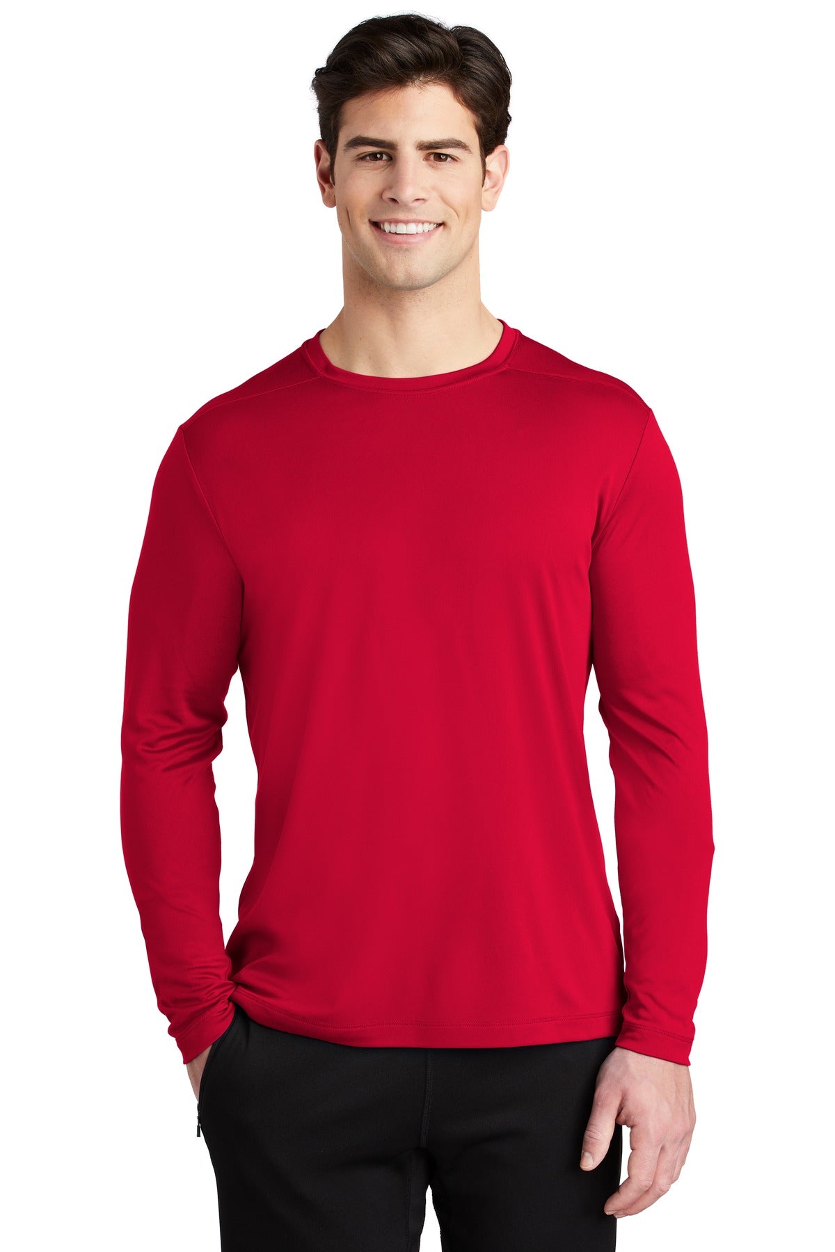 Front View of True Red Sport-Tek Posi-UV Pro Long Sleeve Tee. ST420LS
