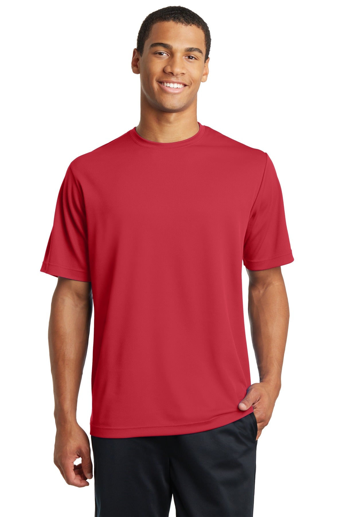 Front View of True Red Sport-Tek PosiCharge RacerMesh Tee. ST340