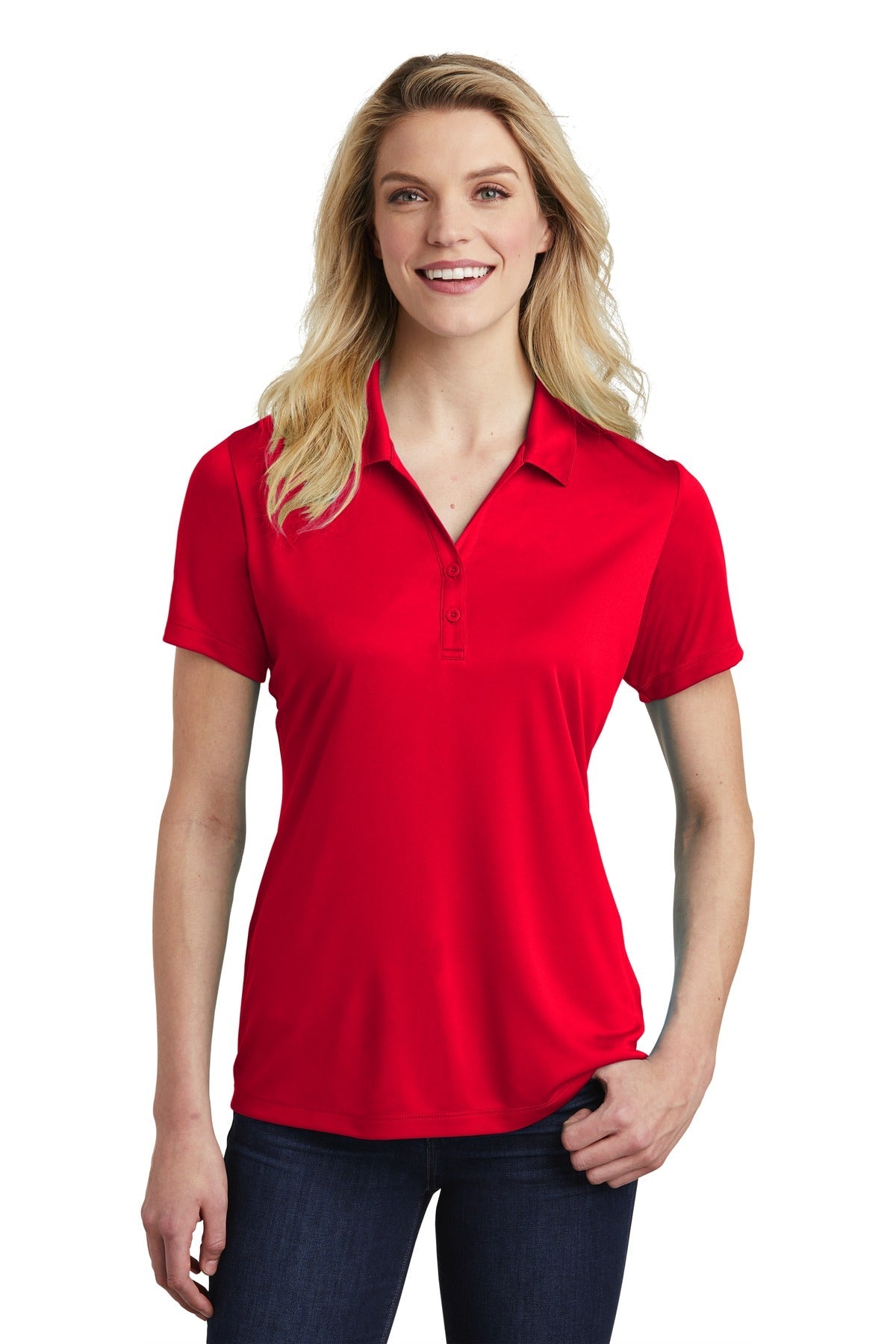 Front View of True Red Sport-Tek Women's PosiCharge Competitor Polo. LST550