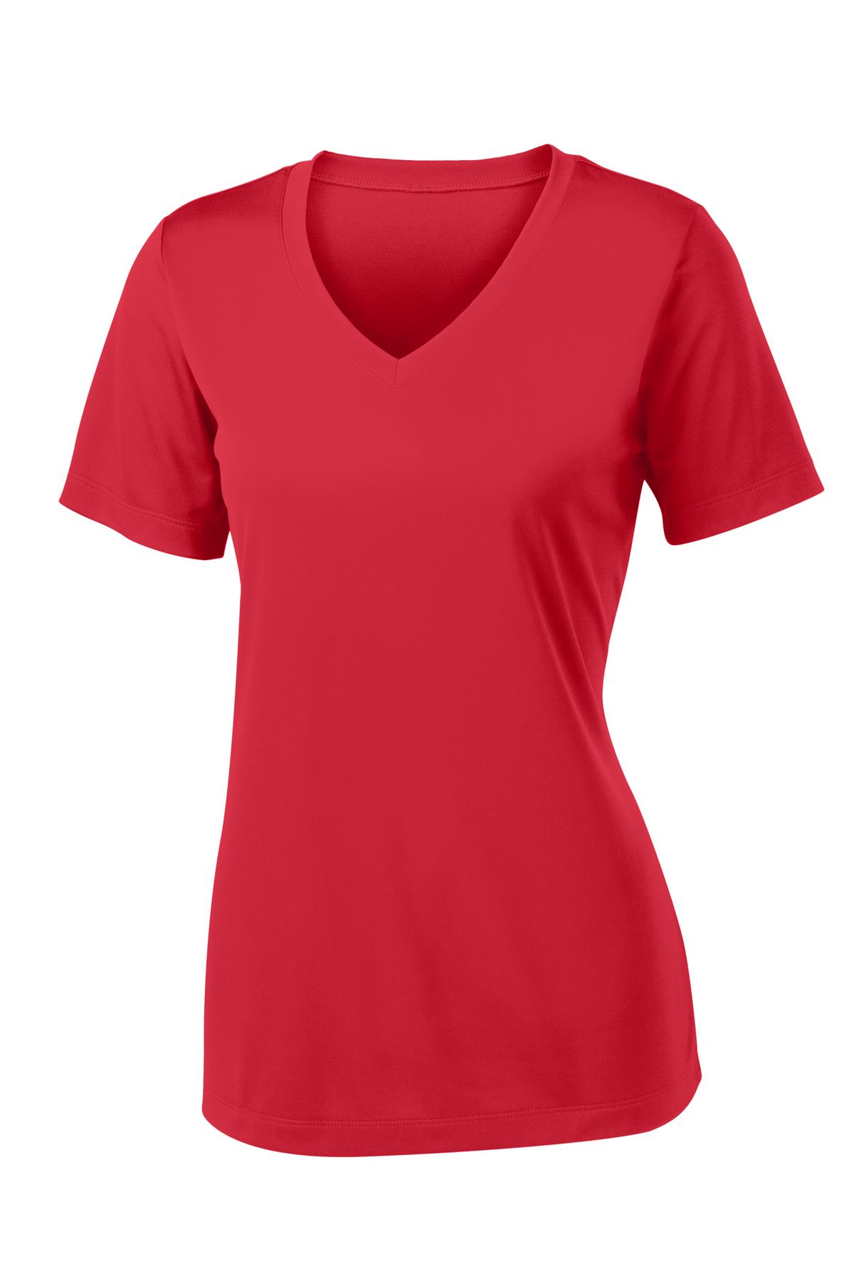 Front View of True Red Sport-Tek Women's PosiCharge Competitor V-Neck Tee. LST353