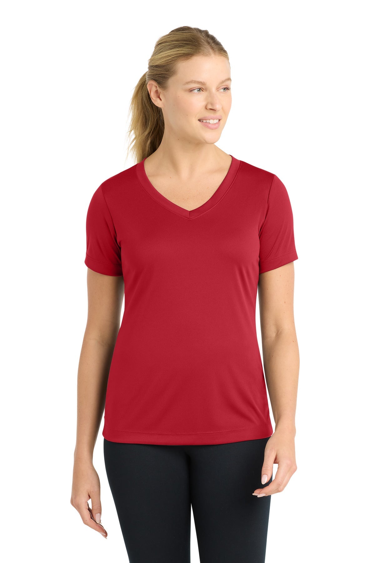 Front View of True Red Sport-Tek Women's PosiCharge Competitor V-Neck Tee. LST353