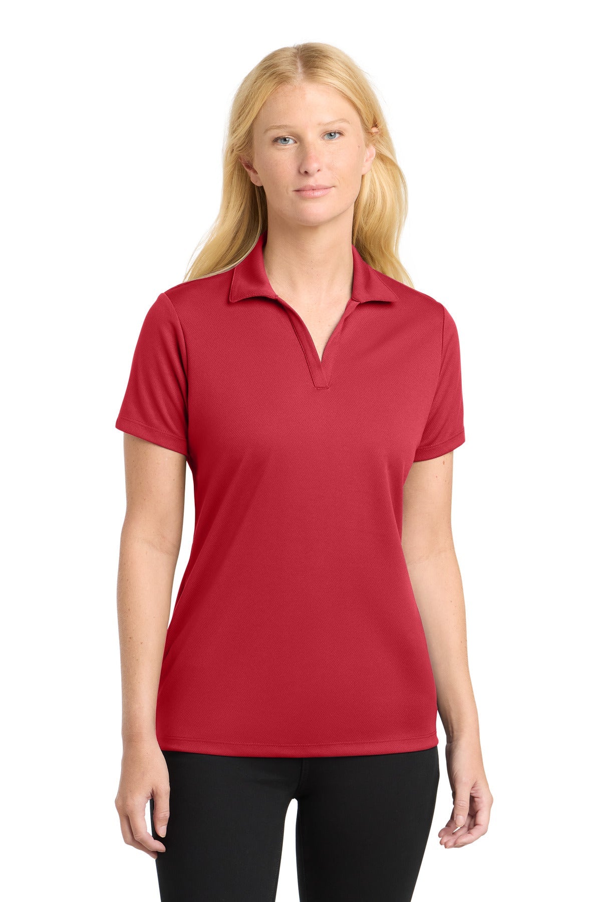 Front View of True Red Sport-Tek Women's PosiCharge RacerMesh Polo. LST640