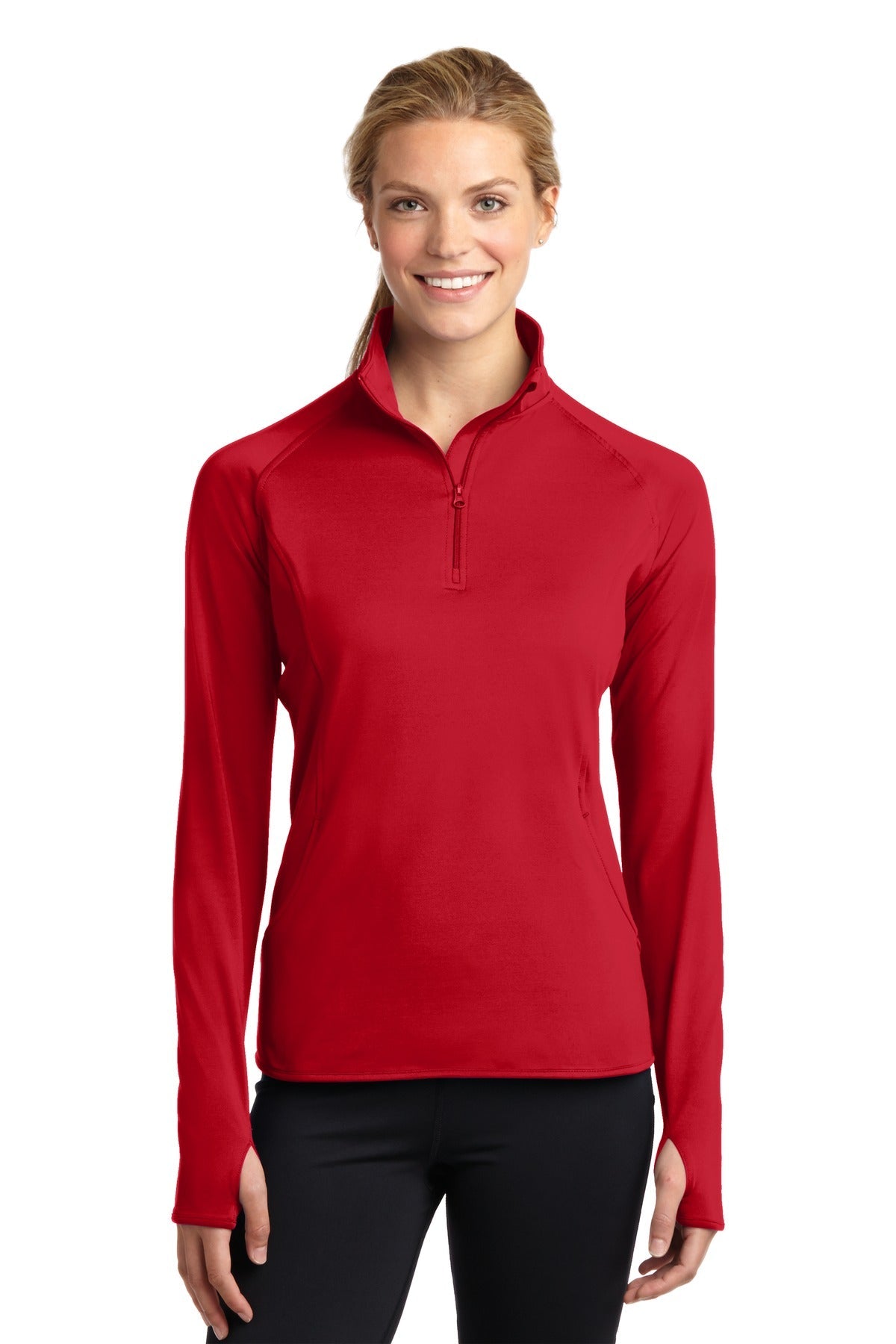 Front View of True Red Sport-Tek Women's Sport-Wick Stretch 1/4-Zip Pullover. LST850