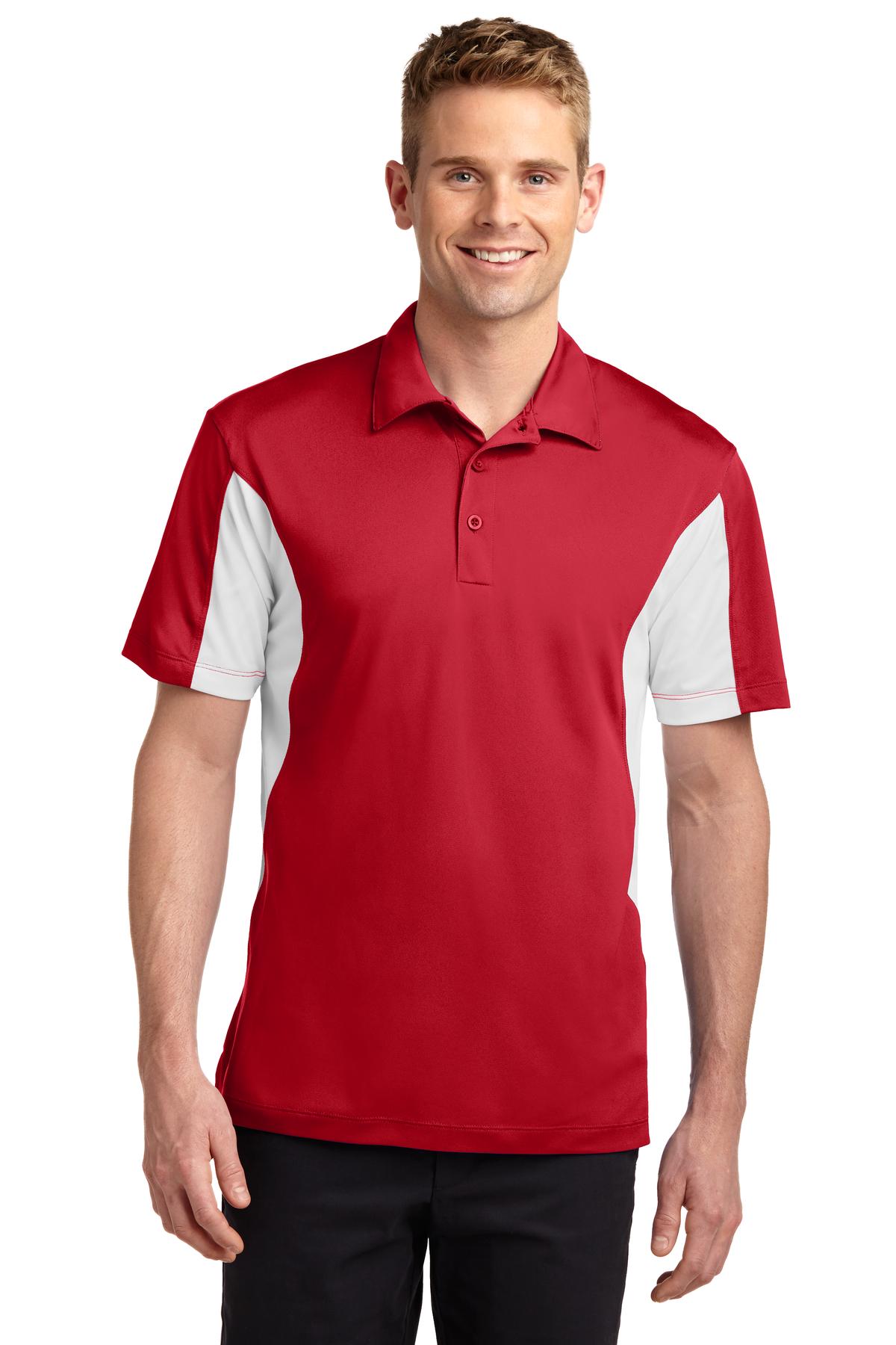 Front View of True Red/White Sport-Tek Side Blocked Micropique Sport-Wick Polo. ST655