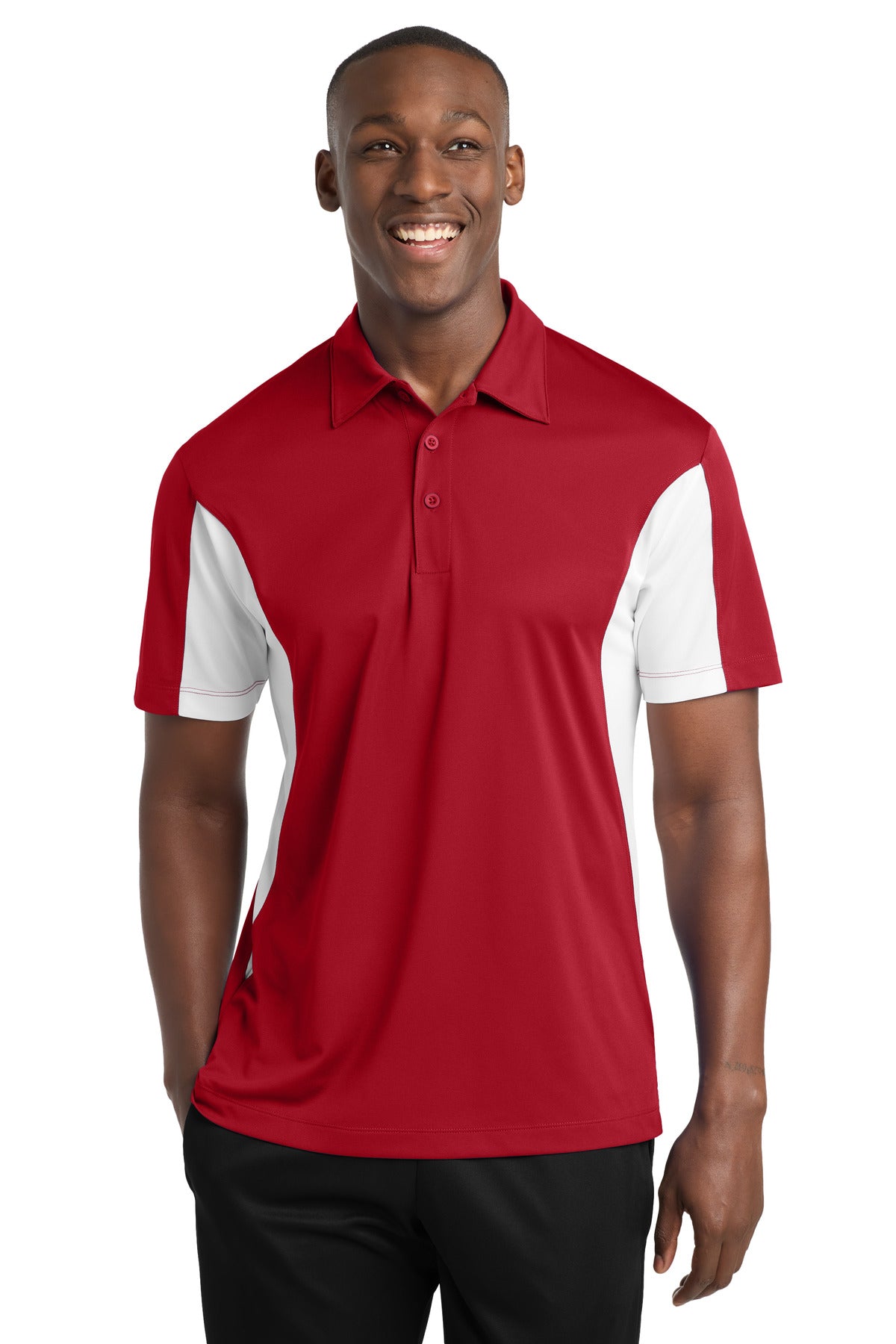 Front View of True Red/White Sport-Tek Side Blocked Micropique Sport-Wick Polo. ST655