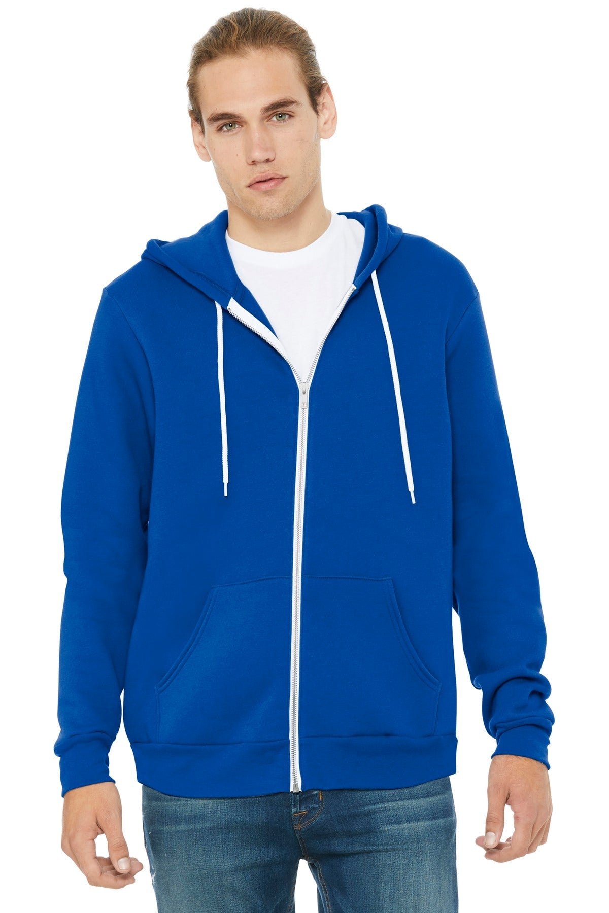 Front View of True Royal BELLA+CANVAS Unisex Sponge Fleece Full-Zip Hoodie. BC3739