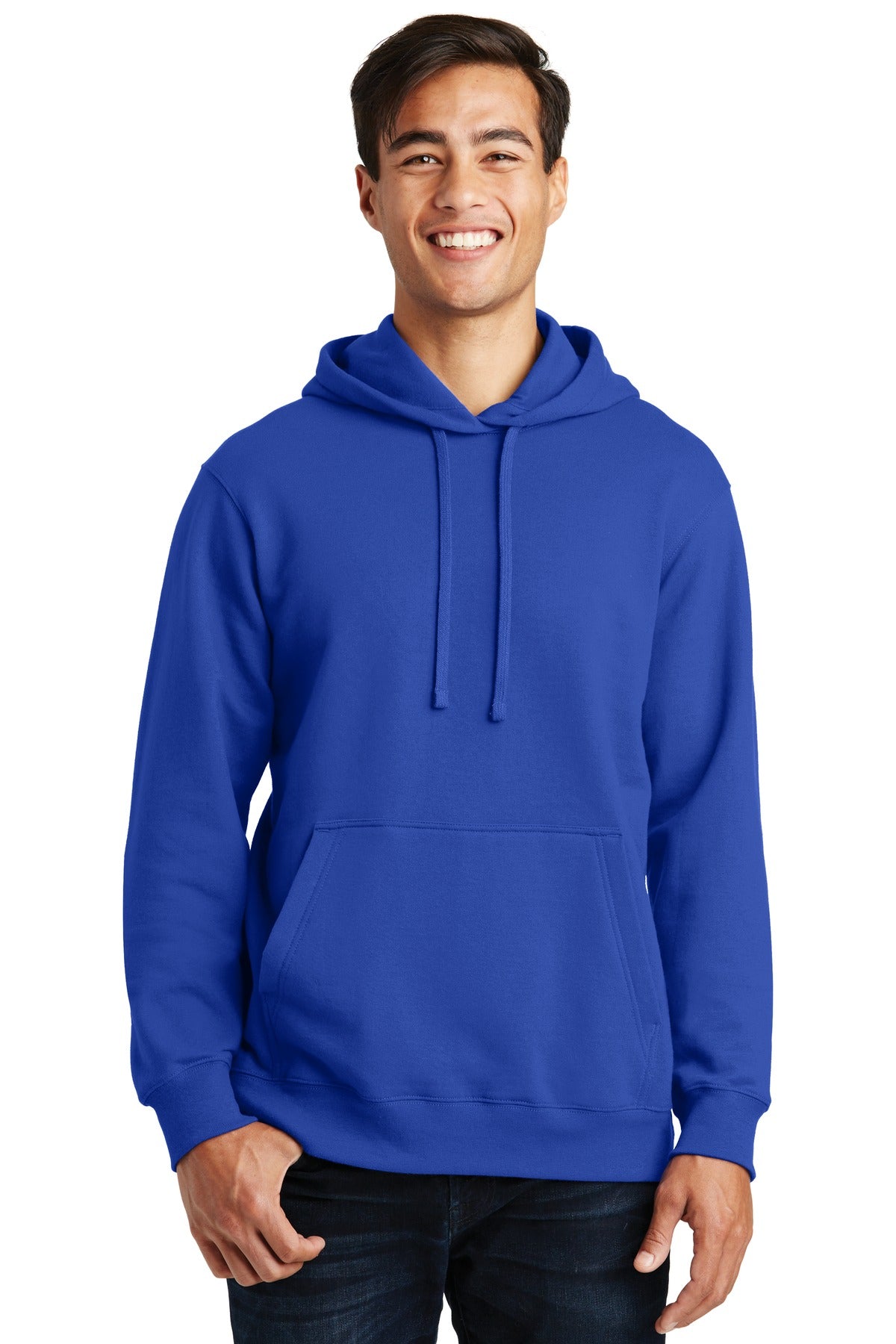 Front View of True Royal Port & Co Fan Favorite Fleece Pullover Hooded Sweatshirt. PC850H
