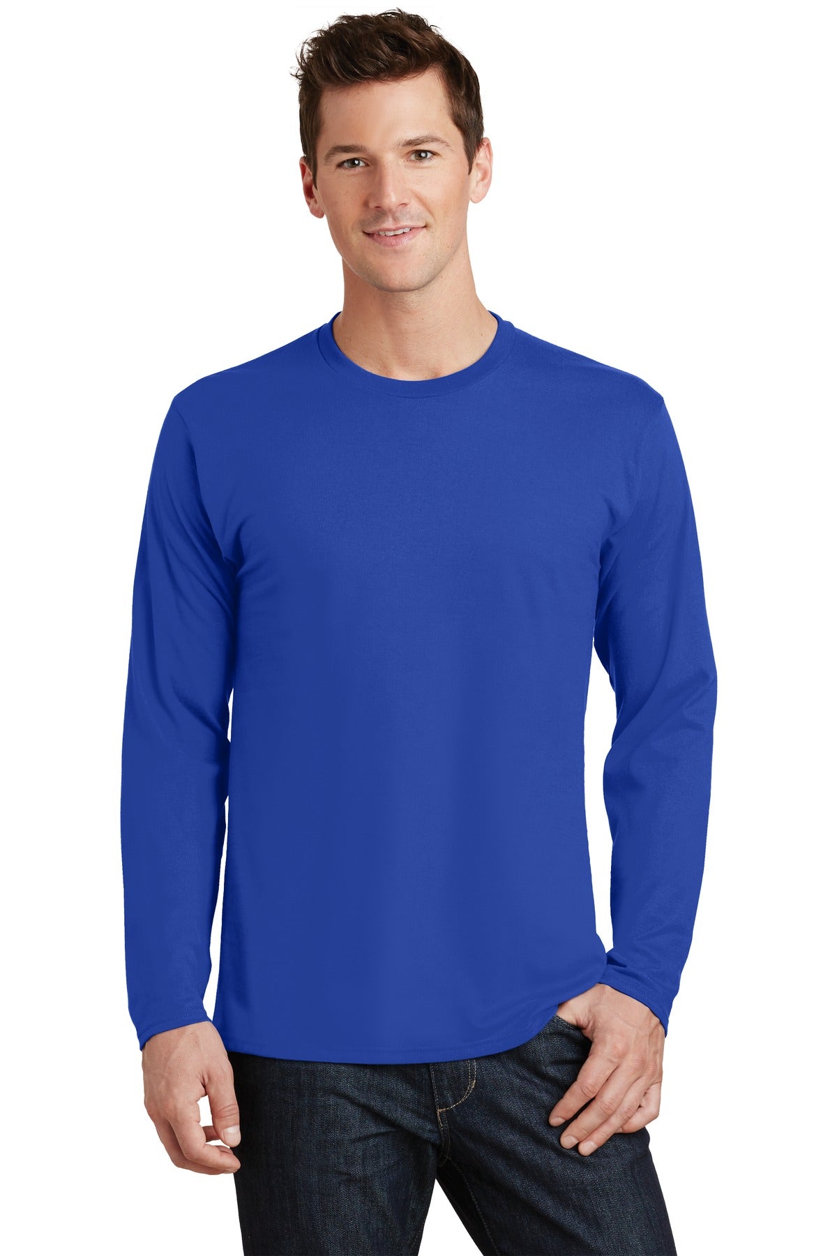 Front View of True Royal Port & Co Long Sleeve Fan Favorite Tee. PC450LS
