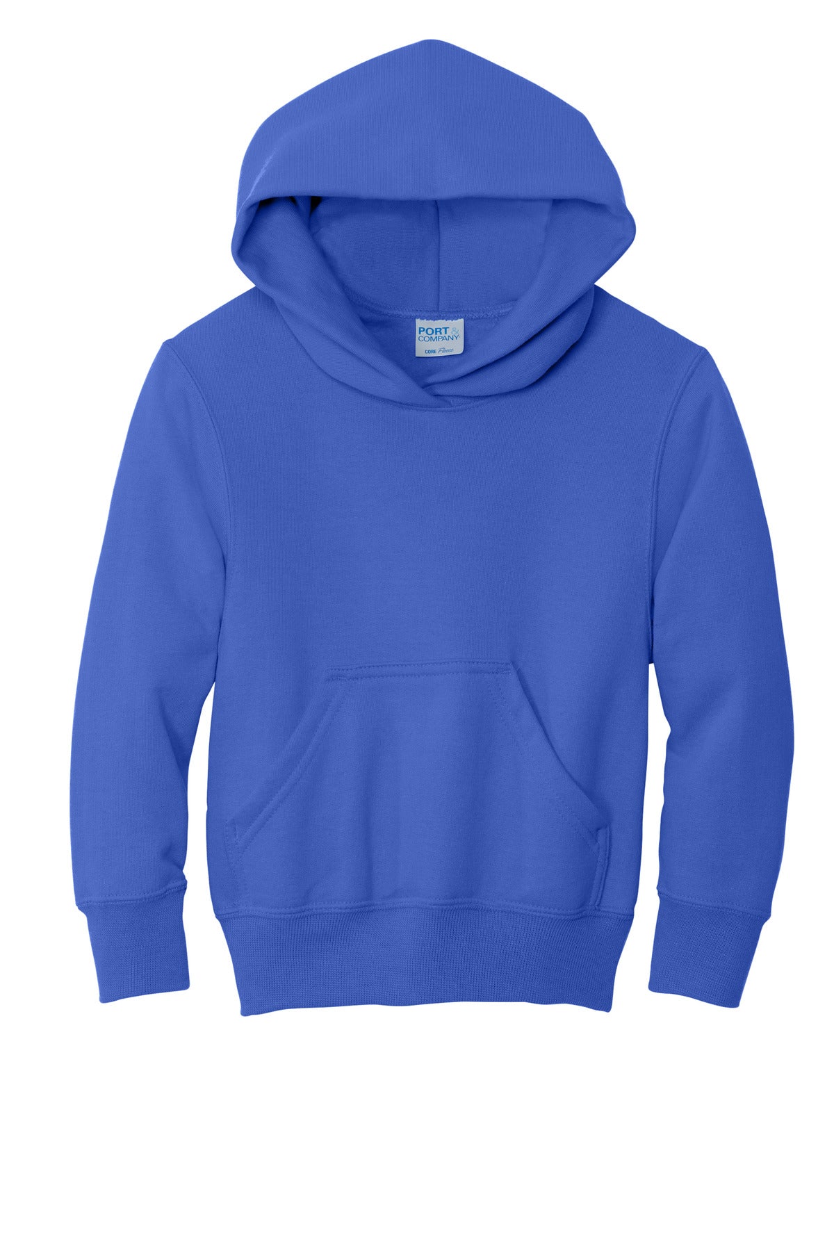 Front View of True Royal Port & Co Youth Core Fleece Pullover Hooded Sweatshirt. PC90YH