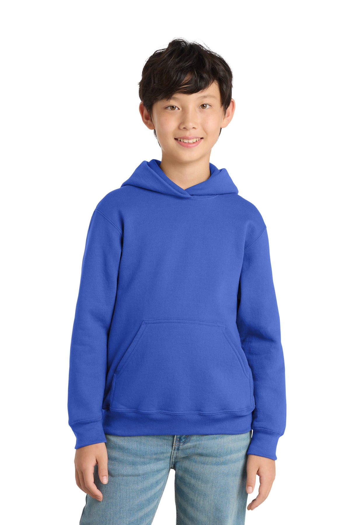 Front View of True Royal Port & Co Youth Core Fleece Pullover Hooded Sweatshirt. PC90YH