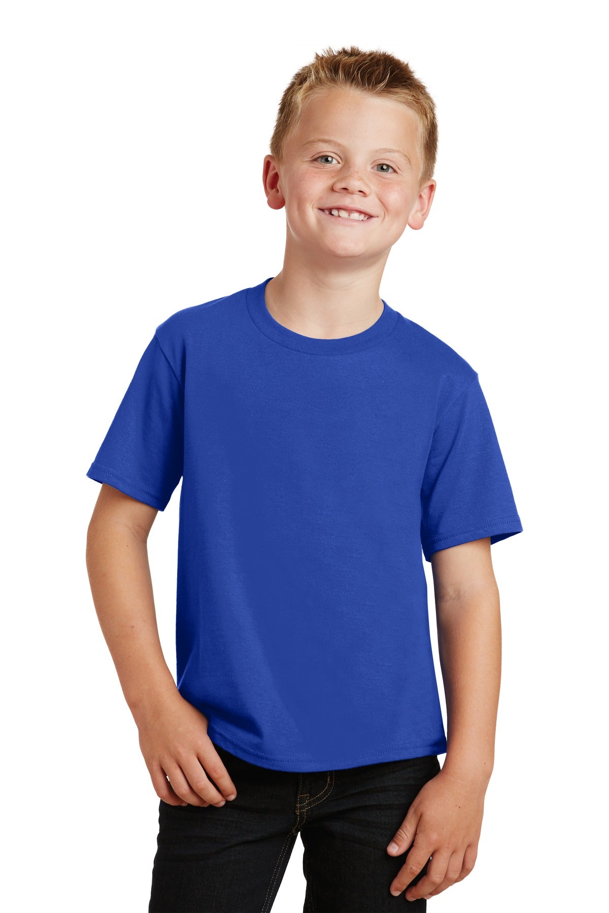 Front View of True Royal Port & Co Youth Fan Favorite Tee. PC450Y