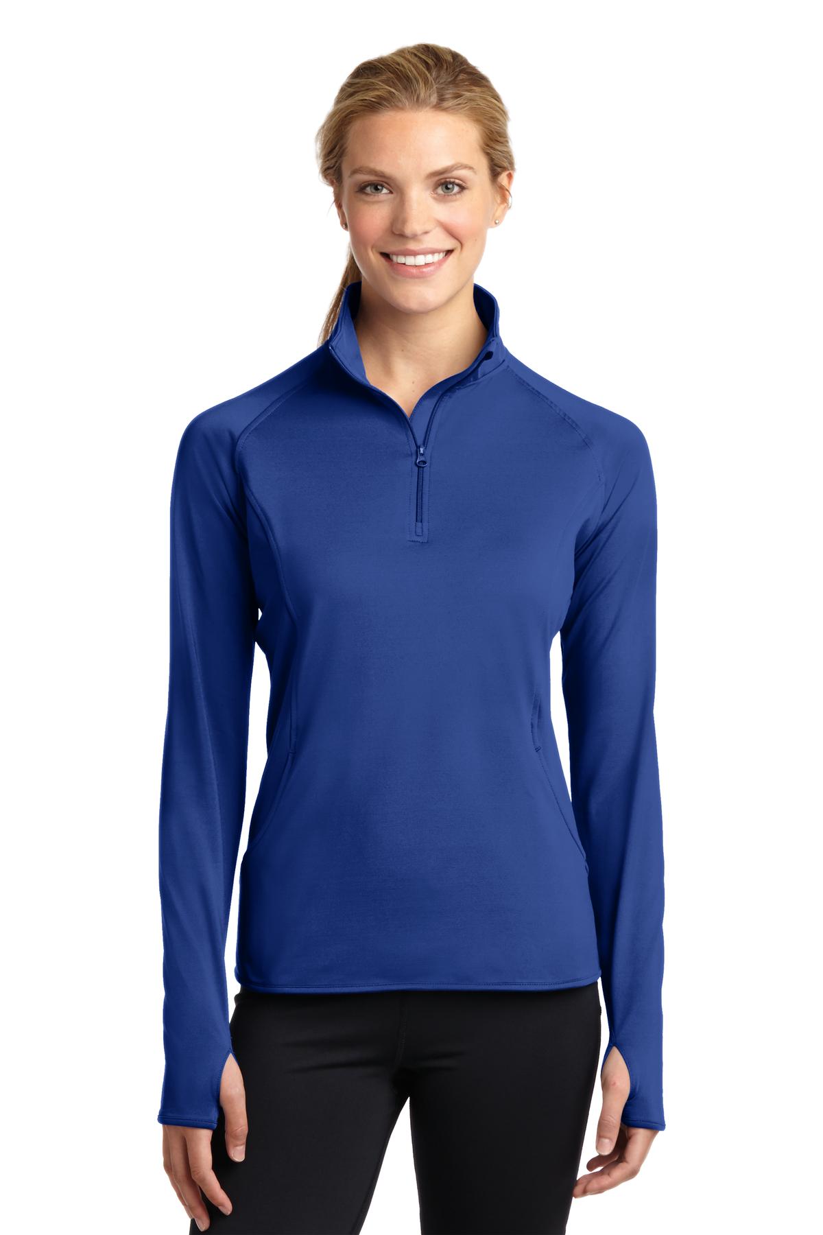 Front View of True Royal Sport-Tek Women's Sport-Wick Stretch 1/4-Zip Pullover. LST850
