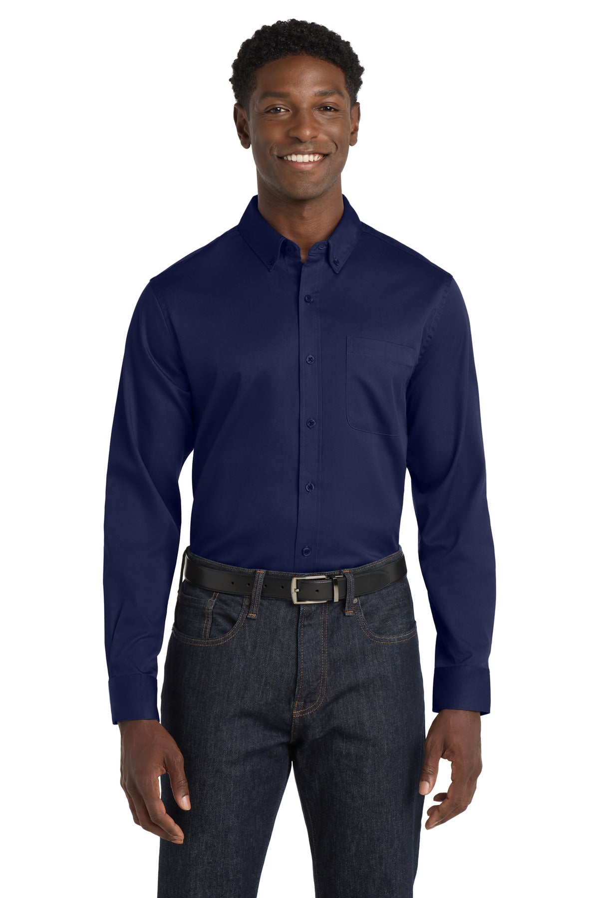 Front View of TrueNavy Port Authority Long Sleeve SuperPro React Twill Shirt. W808