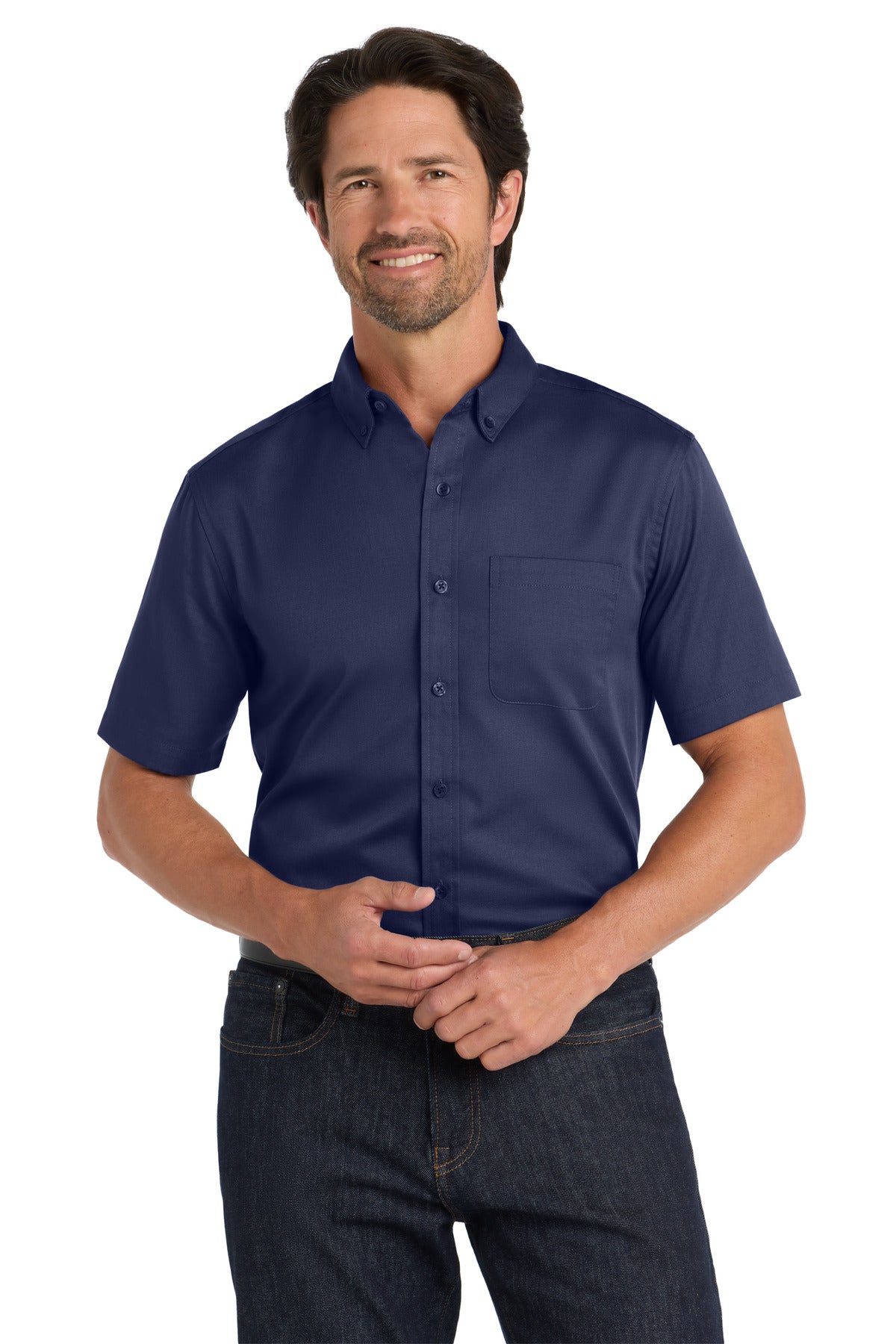 Front View of TrueNavy Port Authority Short Sleeve SuperPro React Twill Shirt. W809