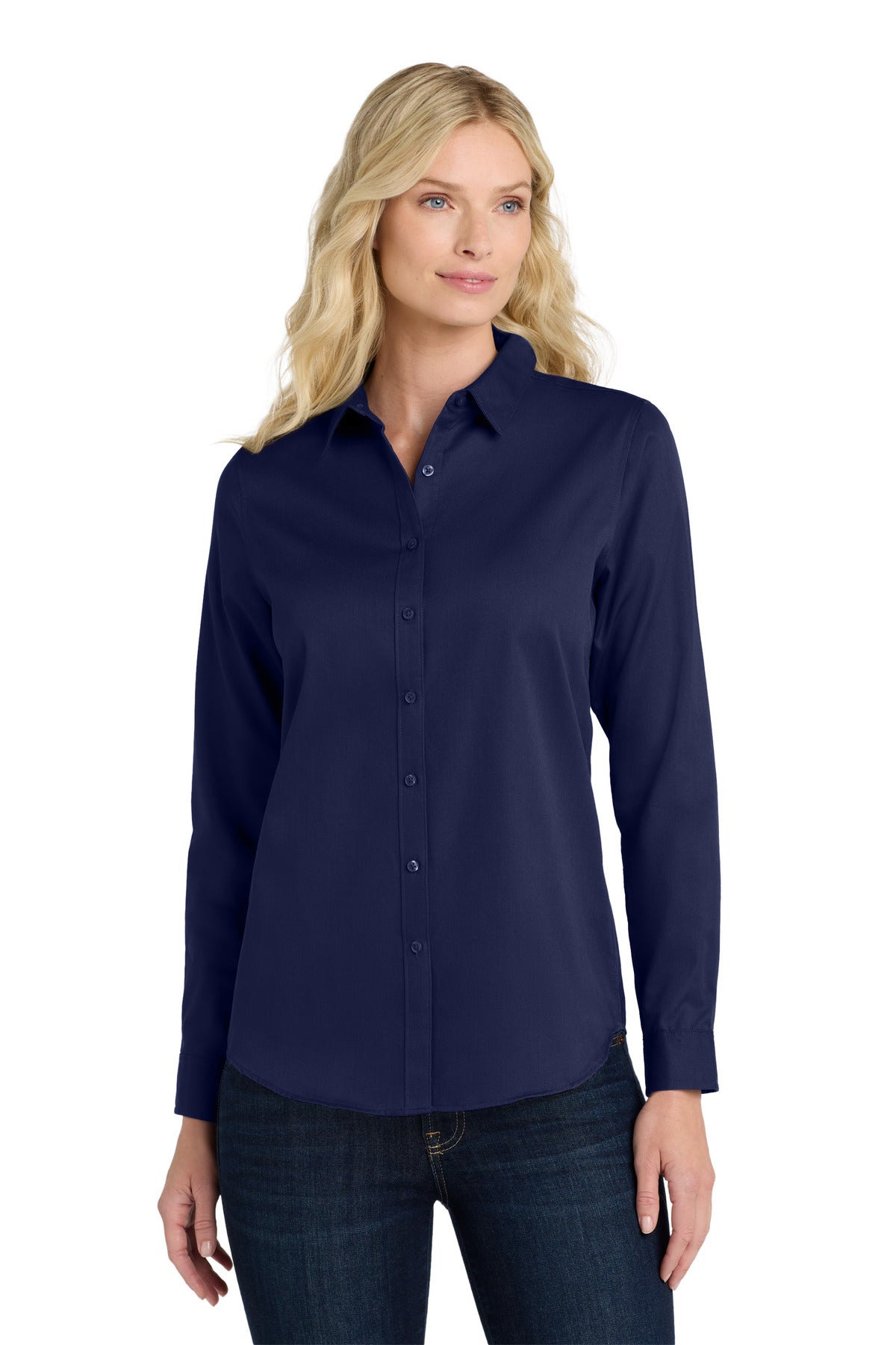 Front View of TrueNavy Port Authority Women's Long Sleeve SuperPro React Twill Shirt. LW808