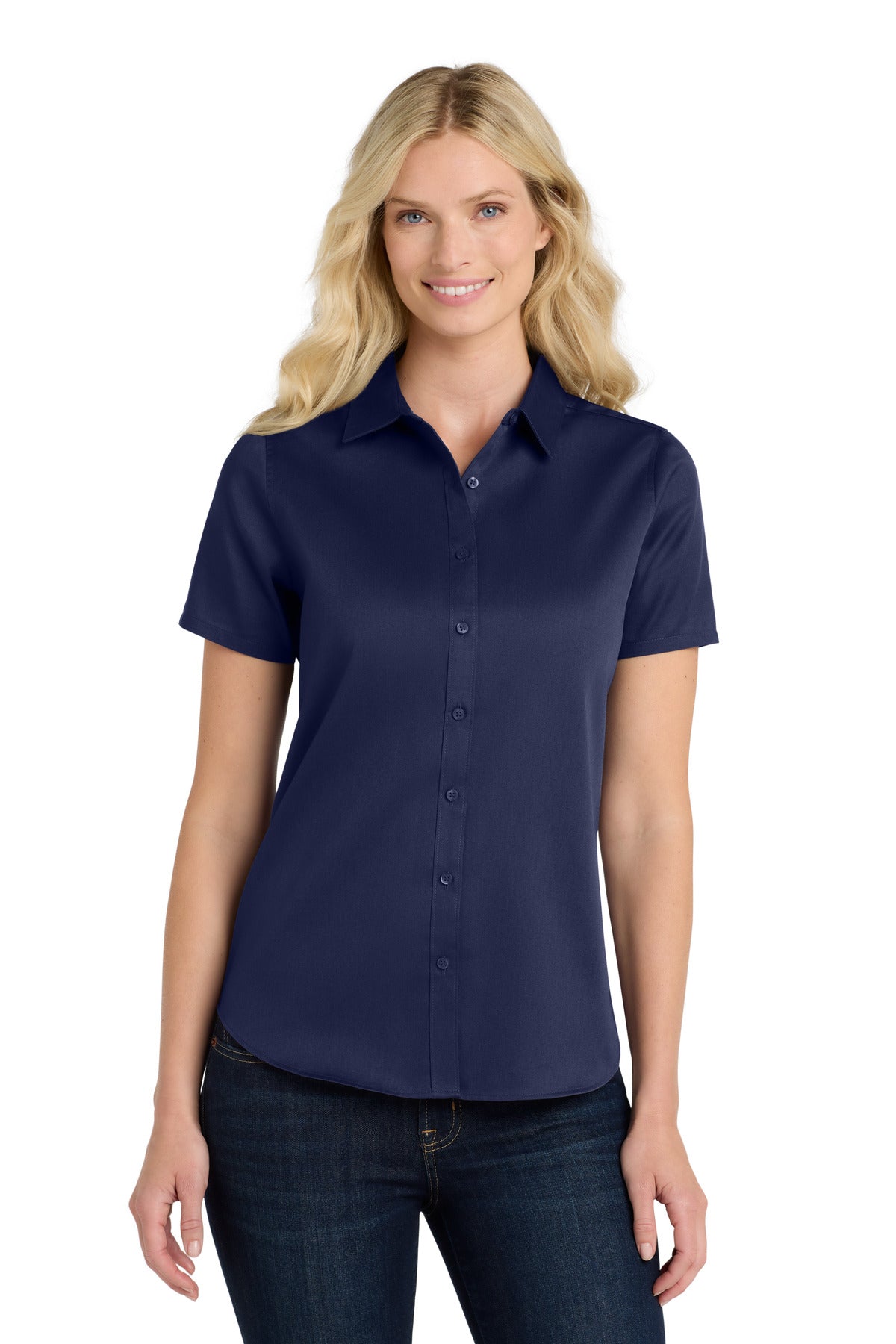 Front View of TrueNavy Port Authority Women's Short Sleeve SuperPro React Twill Shirt. LW809