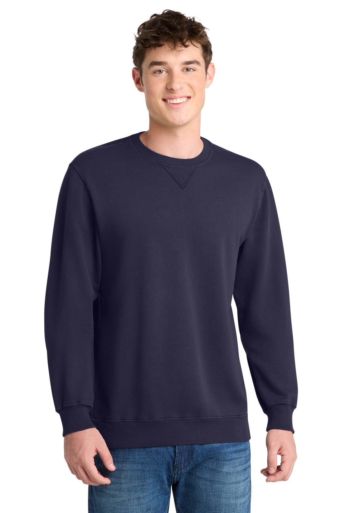 Front View of TrueNavy Port & Co Beach Wash Garment-Dyed Crewneck Sweatshirt PC098