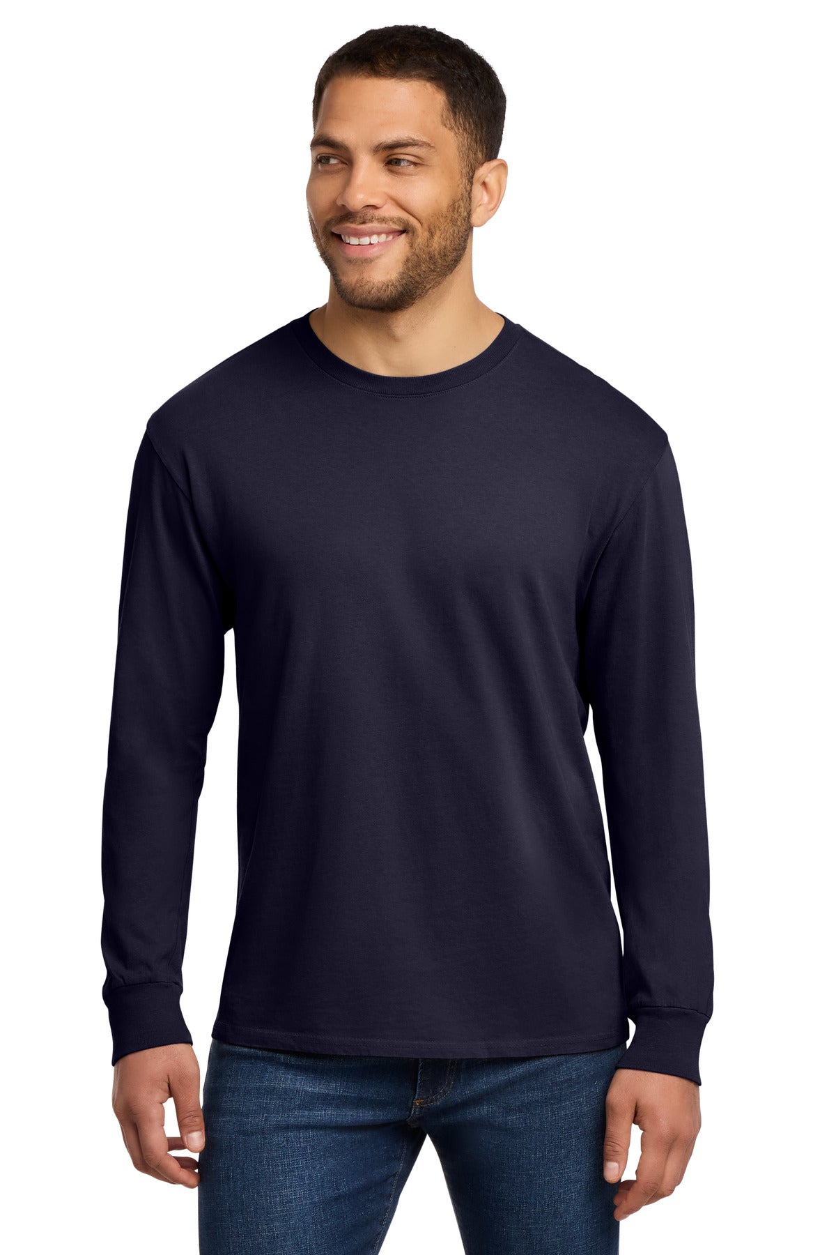 Front View of TrueNavy Port & Co Beach Wash Garment-Dyed Long Sleeve Tee PC099LS