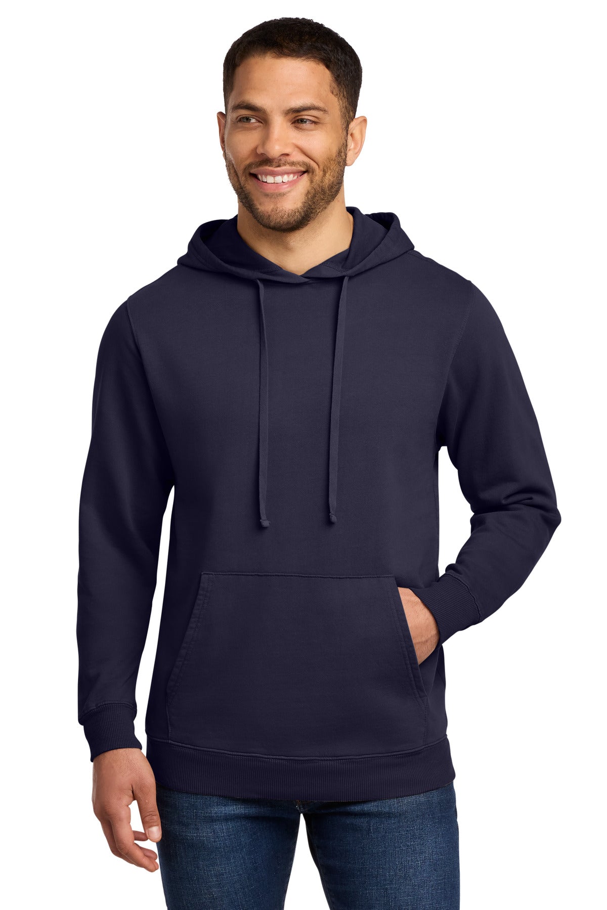 Front View of TrueNavy Port & Co Beach Wash Garment-Dyed Pullover Hooded Sweatshirt. PC098H