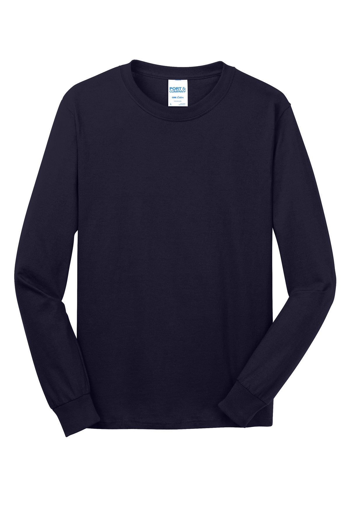 Front View of TrueNavy Port & Co Long Sleeve Core Cotton Tee. PC54LS