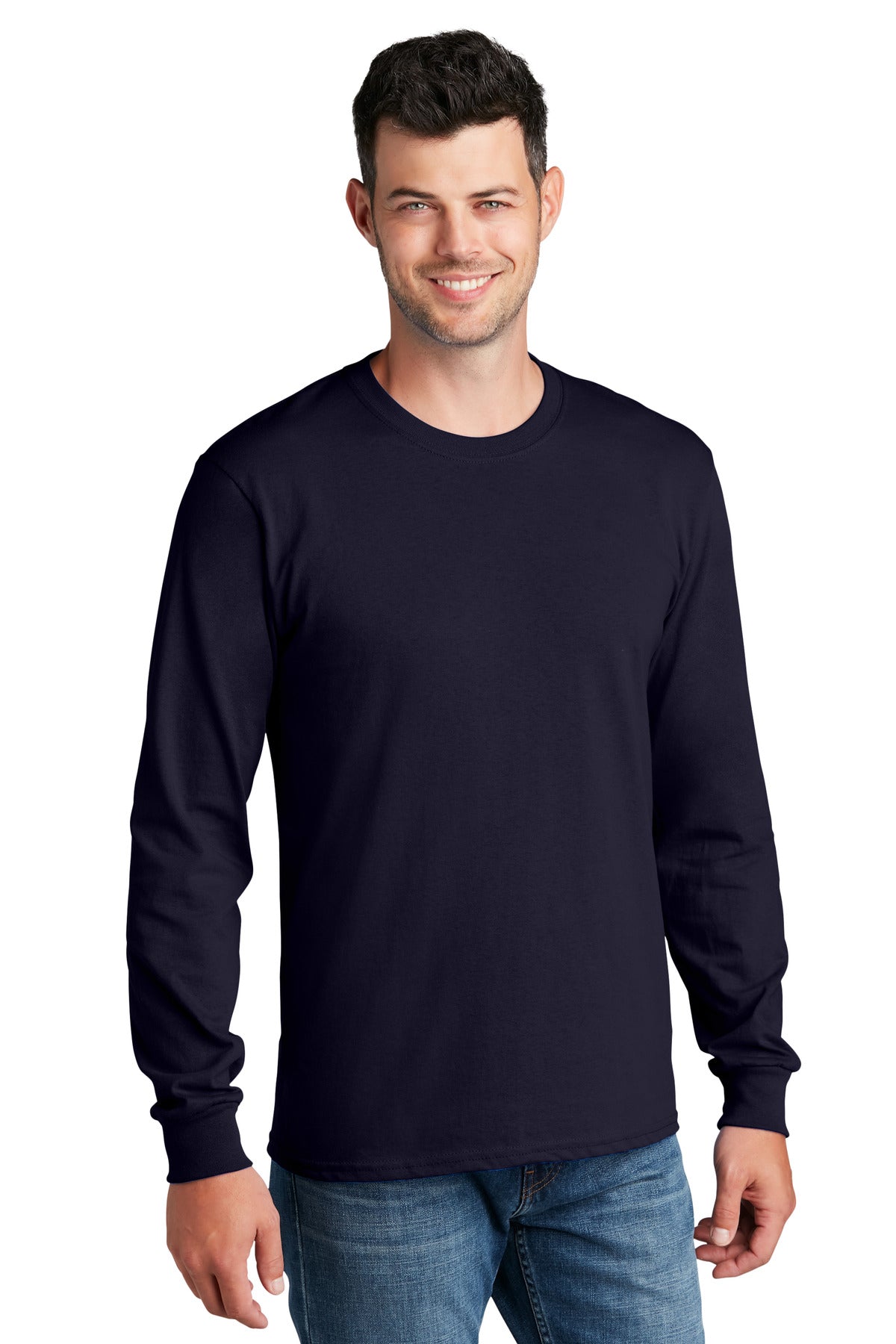 Front View of TrueNavy Port & Co Long Sleeve Core Cotton Tee. PC54LS