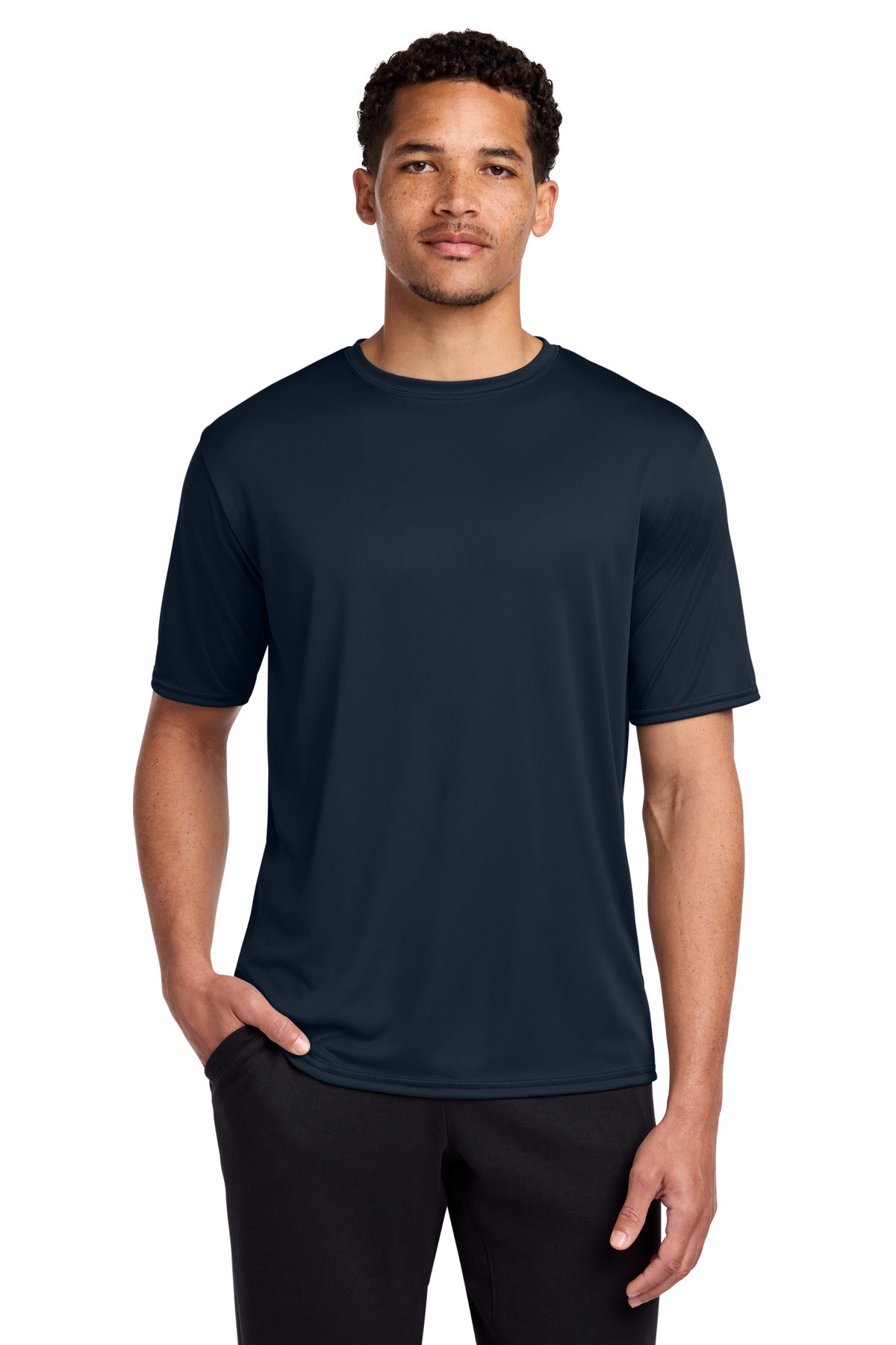 Front View of TrueNavy Port & Co Performance Tee. PC380
