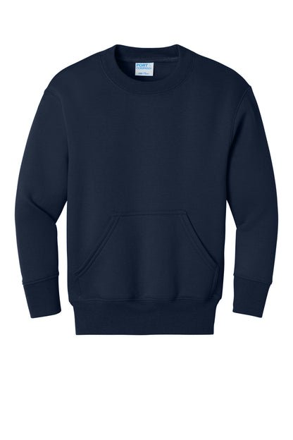 Front View of TrueNavy Port & Co Youth Core Fleece Crewneck Pocket Sweatshirt PC78YPKT