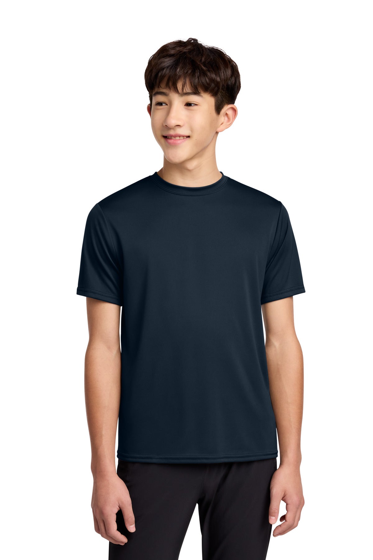 Front View of TrueNavy Port & Co Youth Performance Tee. PC380Y
