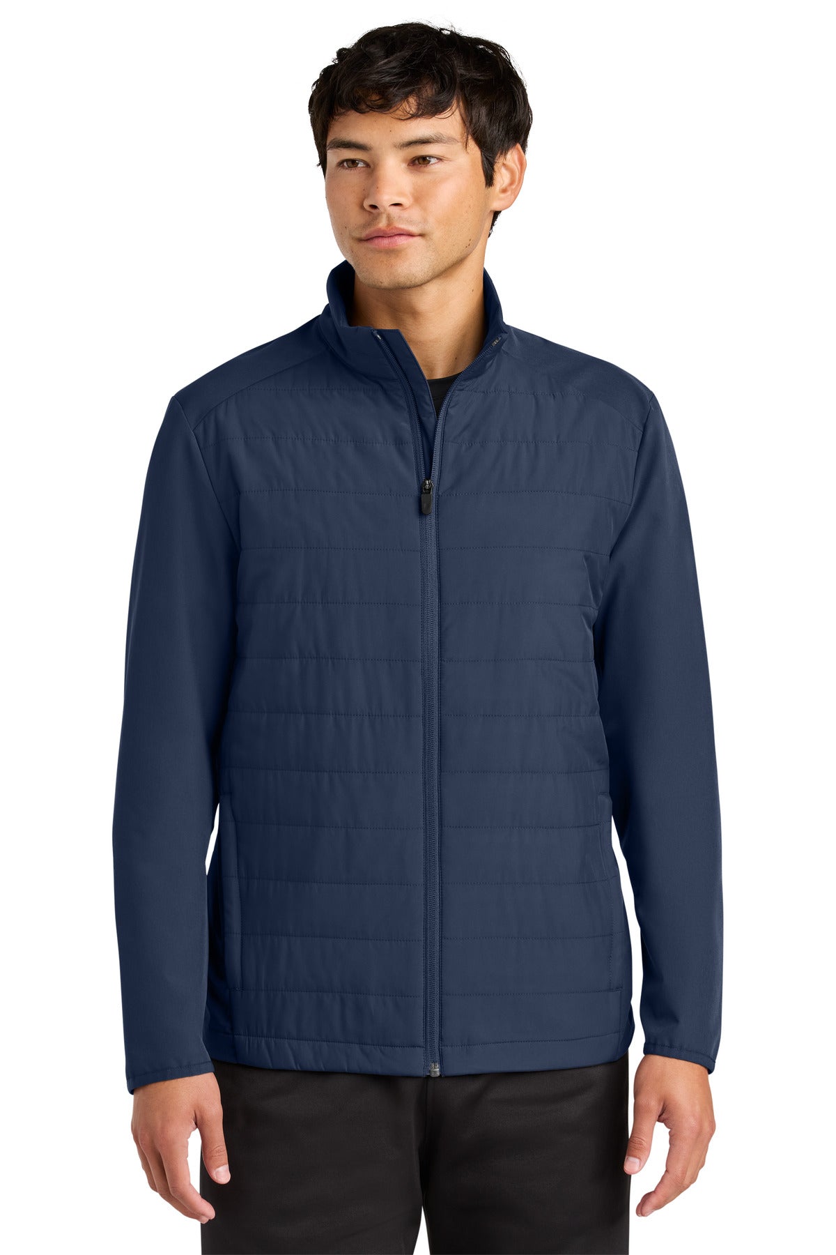 Front View of TrueNavy Sport-Tek Teknical Hybrid Jacket ST940