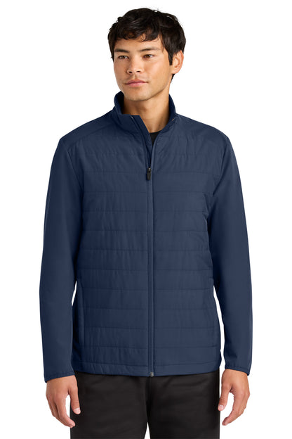 Front View of TrueNavy Sport-Tek Teknical Hybrid Jacket ST940