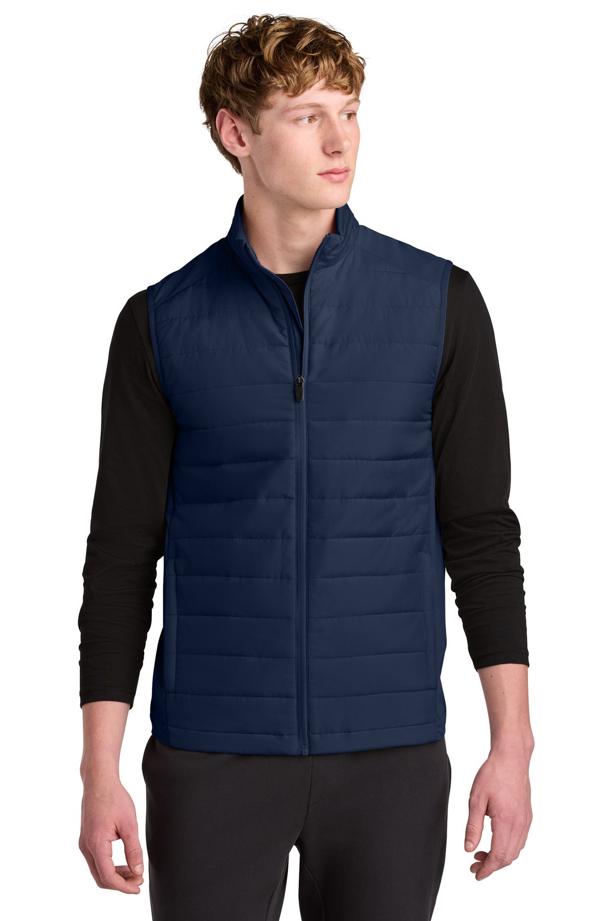 Front View of TrueNavy Sport-Tek Teknical Hybrid Vest ST941