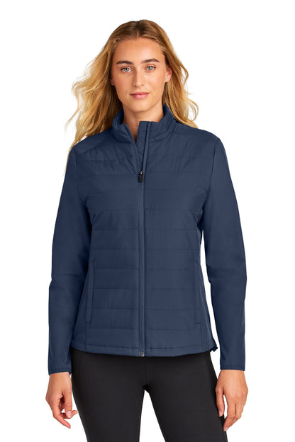 Front View of TrueNavy Sport-Tek Women's Teknical Hybrid Jacket LST940