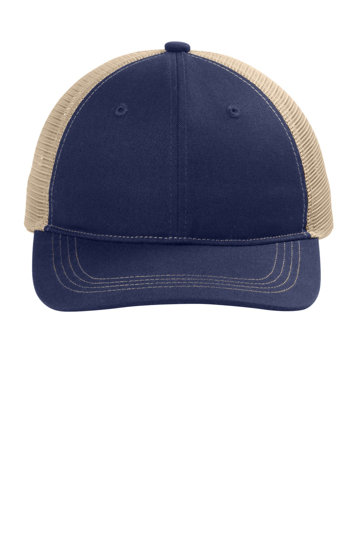 Front View of TrueNv/Tan Port Authority Unstructured Snapback Trucker Cap C409