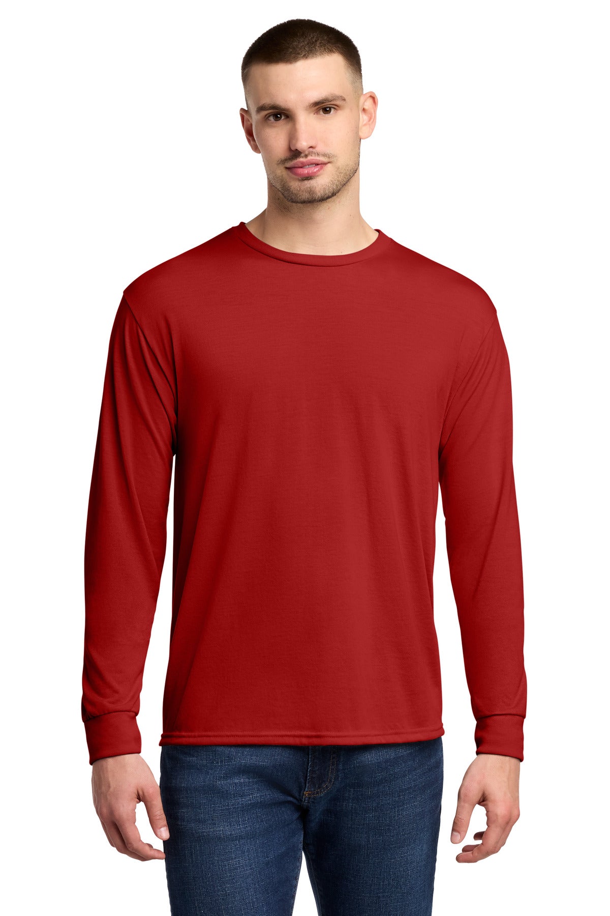 Front View of TrueRed Jerzees Dri-Power 100% Polyester Long Sleeve T-Shirt 21LS