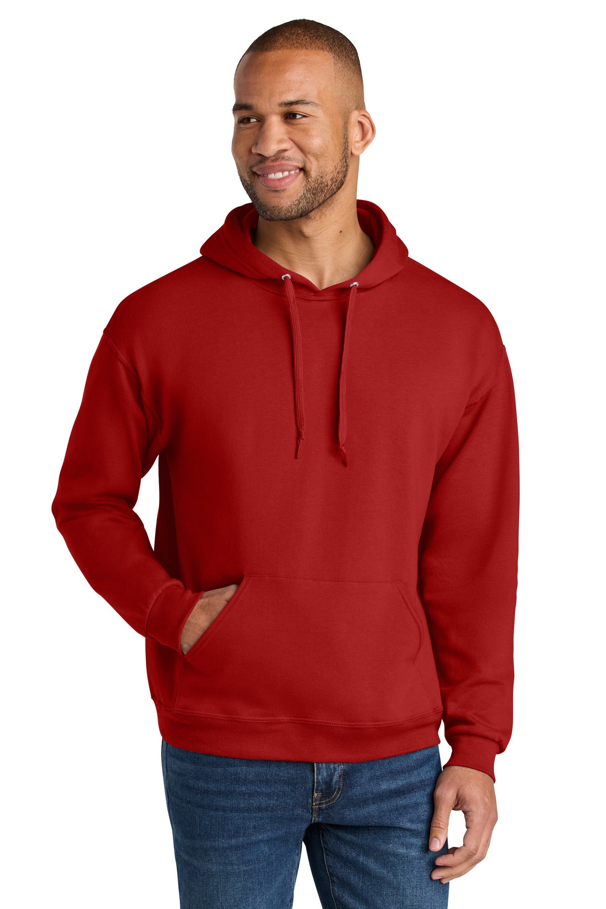 Front View of TrueRed Jerzees Ultimate Unisex CVC Ring Spun Hooded Sweatshirt IC49M
