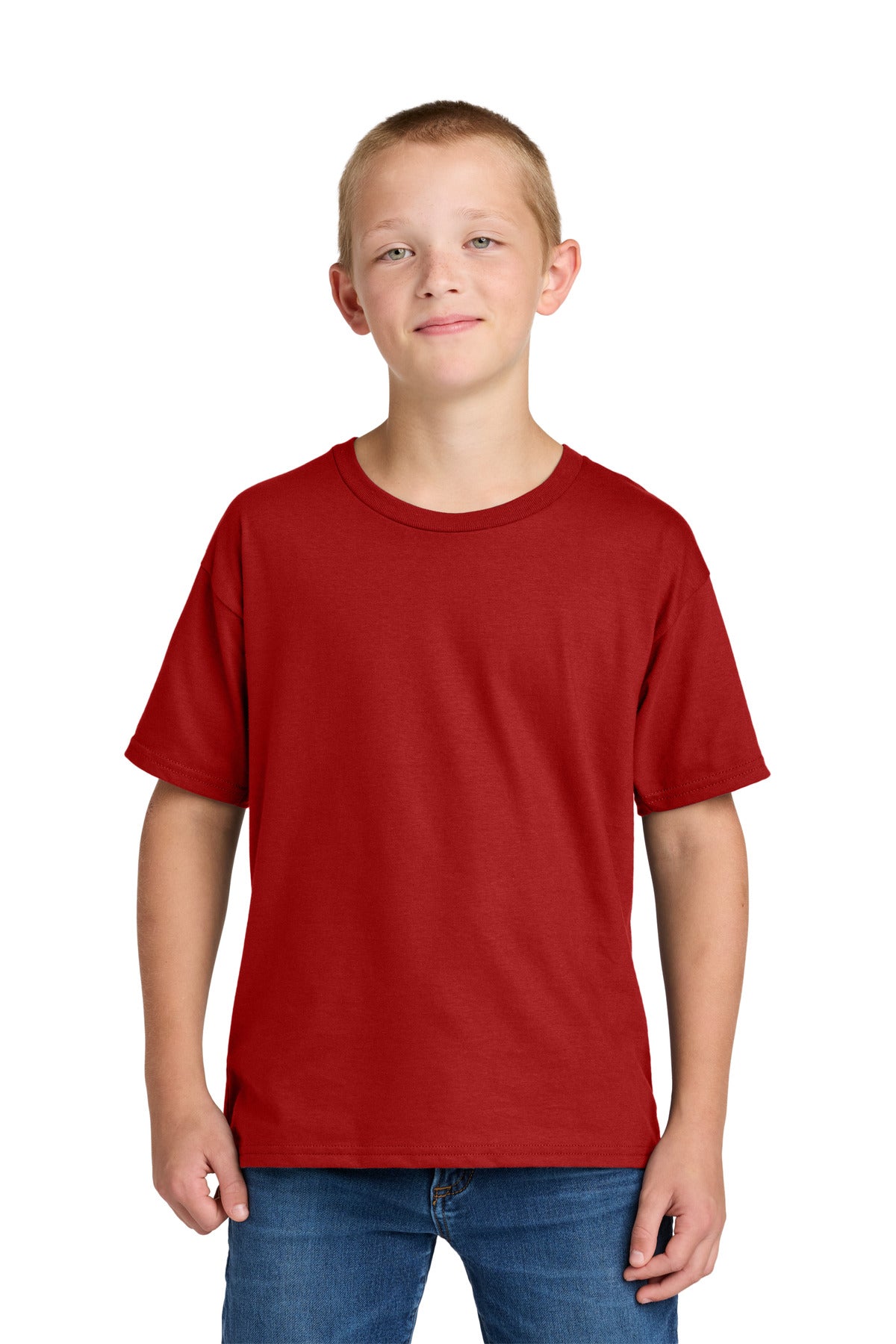 Front View of TrueRed Jerzees Ultimate Youth Ring Spun T-Shirt IC46B