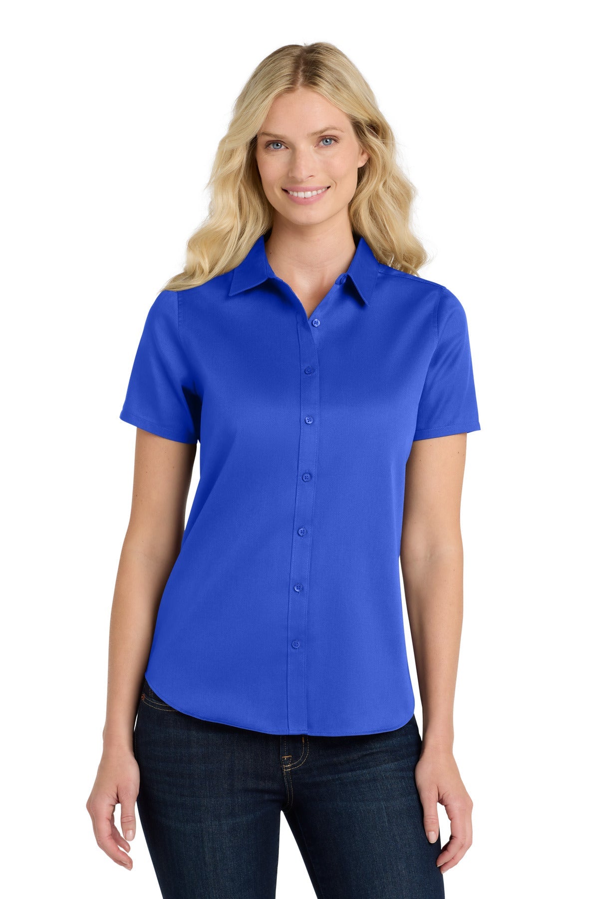 Front View of TrueRoyal Port Authority Women's Short Sleeve SuperPro React Twill Shirt. LW809