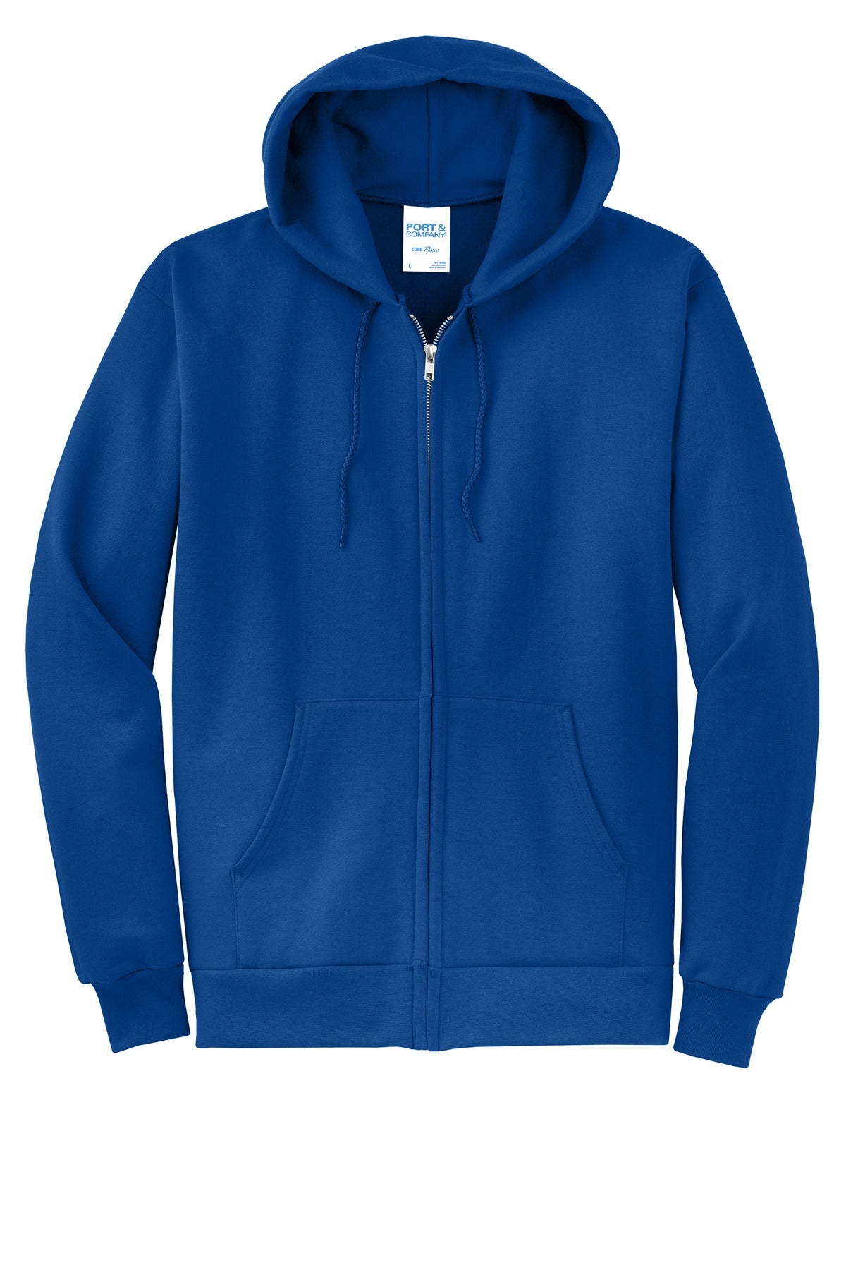Front View of TrueRoyal Port & Co Core Fleece Full-Zip Hooded Sweatshirt. PC78ZH