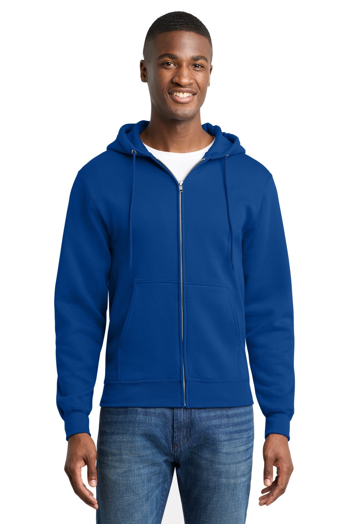 Front View of TrueRoyal Port & Co Core Fleece Full-Zip Hooded Sweatshirt. PC78ZH