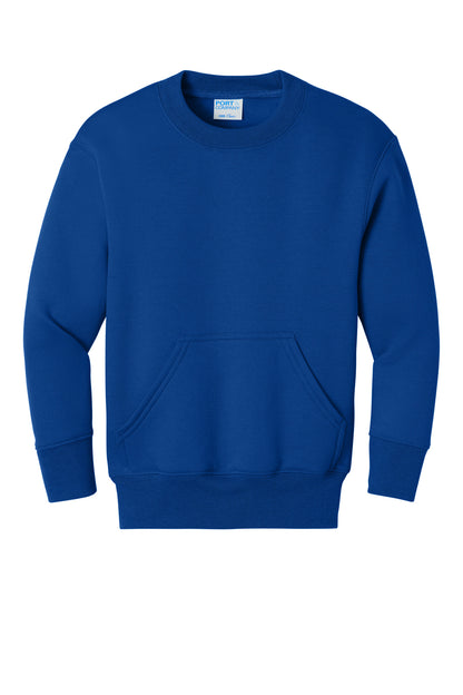 Front View of TrueRoyal Port & Co Youth Core Fleece Crewneck Pocket Sweatshirt PC78YPKT
